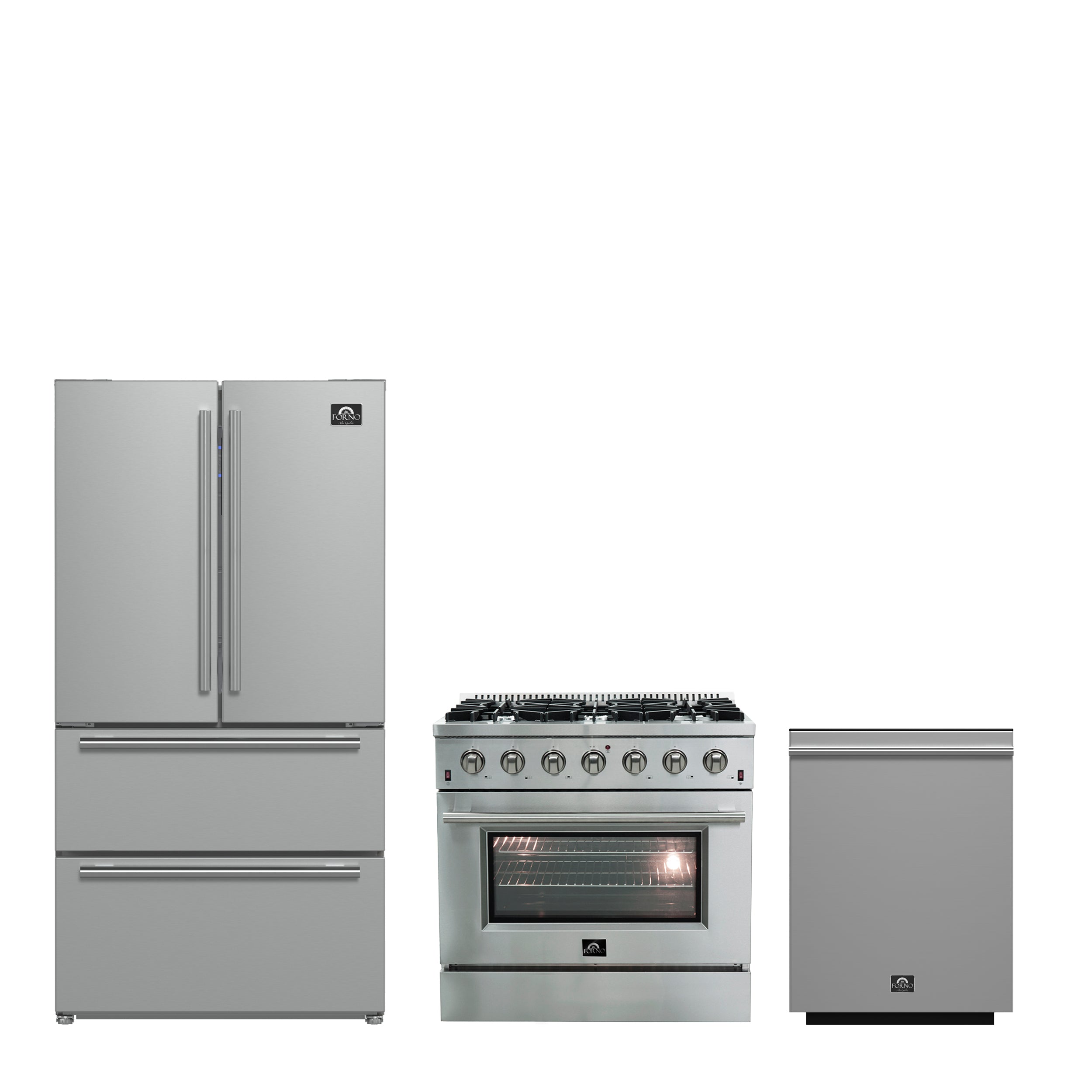 FORNO Premium 3-Piece Kitchen Bundle - Galiano 36" Gas Range, 36" French Door Refrigerator, 24" Built-In Dishwasher - FBDL-004-01CAUS - BonPrix Électroménagers