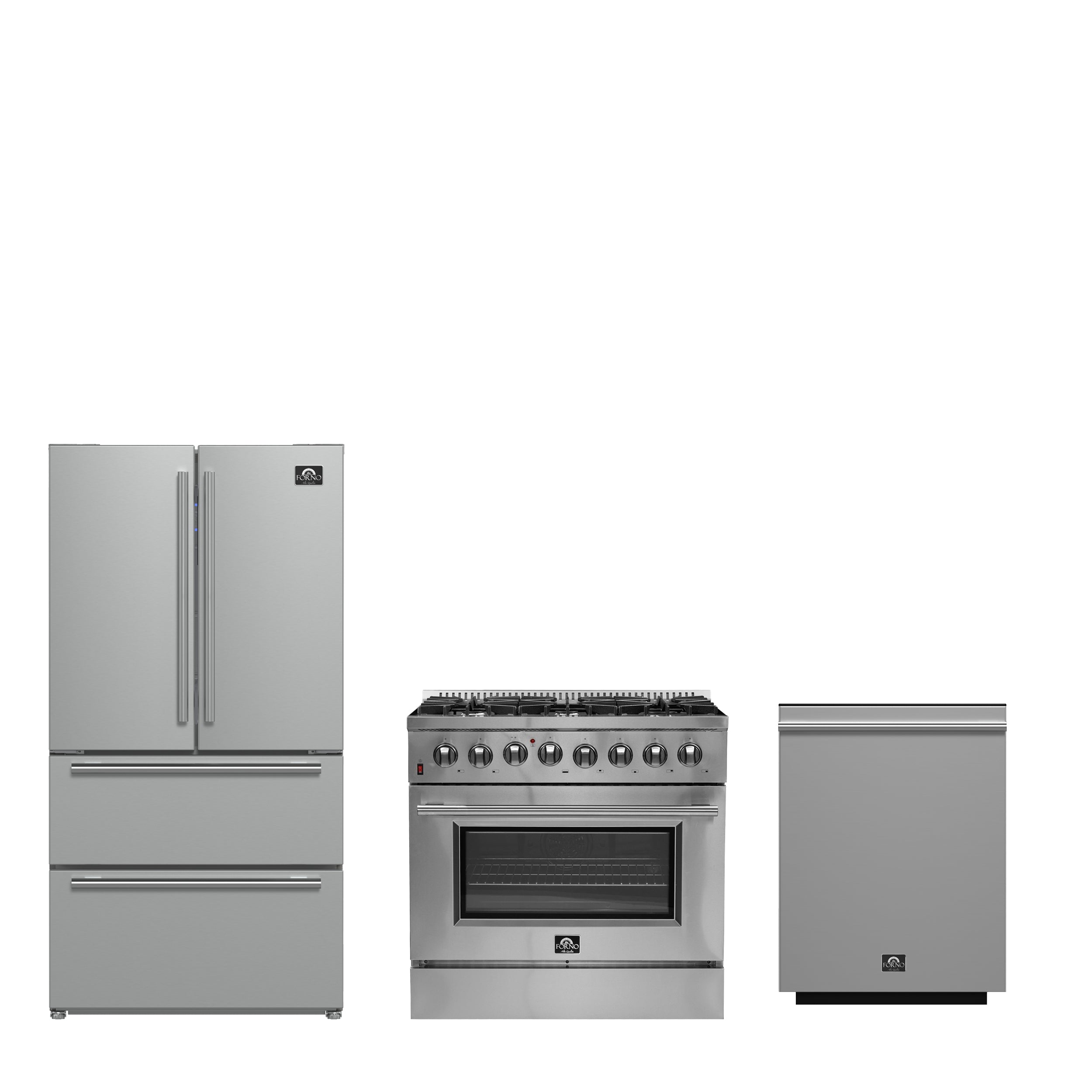 FORNO Premium 3-Piece Kitchen Bundle - Galiano 36" Dual Fuel Range, 36" French Door Refrigerator, 24" Built-In Dishwasher - FBDL-004-02CAUS - BonPrix Électroménagers