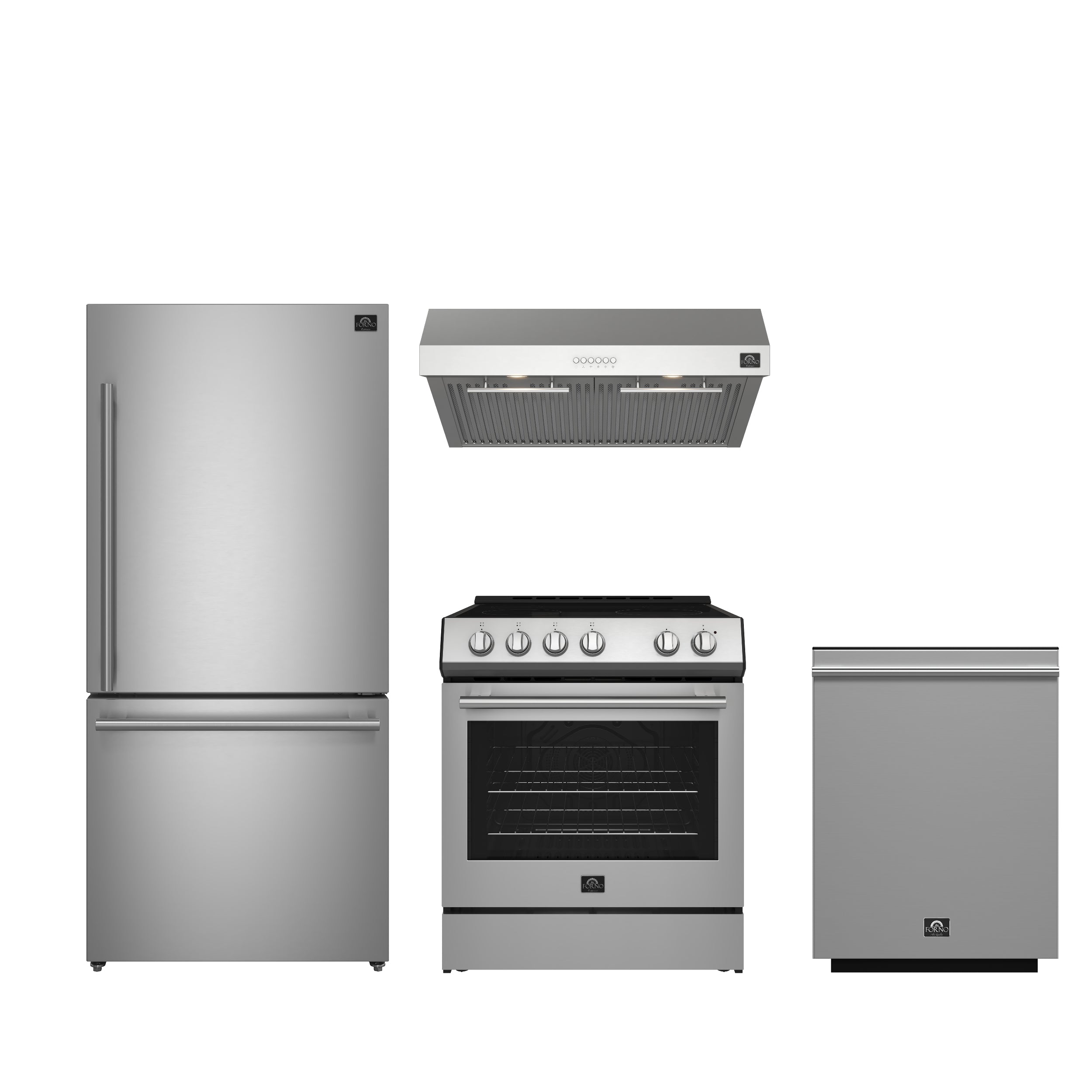 FORNO Premium 4-Piece Kitchen Bundle - Leonardo Espresso 30" Stainless Steel Range, 30" Stainless Steel Range Hood, 31" Stainless Steel Refrigerator, 24" Stainless Steel Dishwasher - FBDL-006-01CA - BonPrix Électroménagers