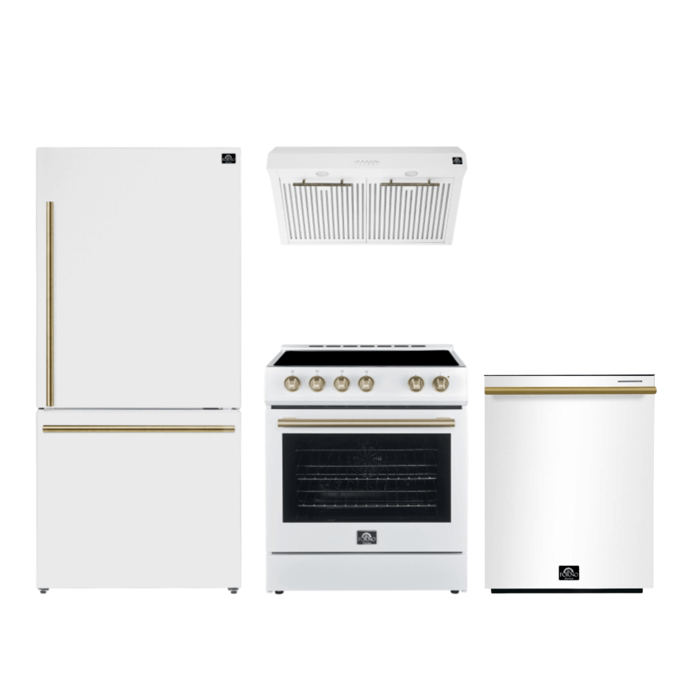 FORNO Premium 4-Piece Kitchen Bundle - Leonardo Espresso 30" White Range, 30" White Range Hood, 31" White Bottom Freezer Refrigerator, 24" White Built-In Dishwasher - FBDL-006-03CA - BonPrix Électroménagers