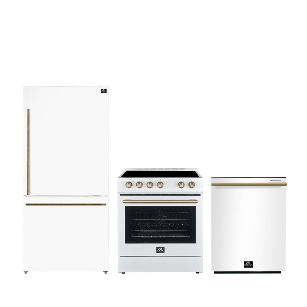 FORNO Premium 3-Piece Kitchen Bundle - Leonardo Espresso 30" White Range, 31" White Bottom Freezer Refrigerator, 24" White Built-In Dishwasher - FBDL-007-03CA - BonPrix Électroménagers