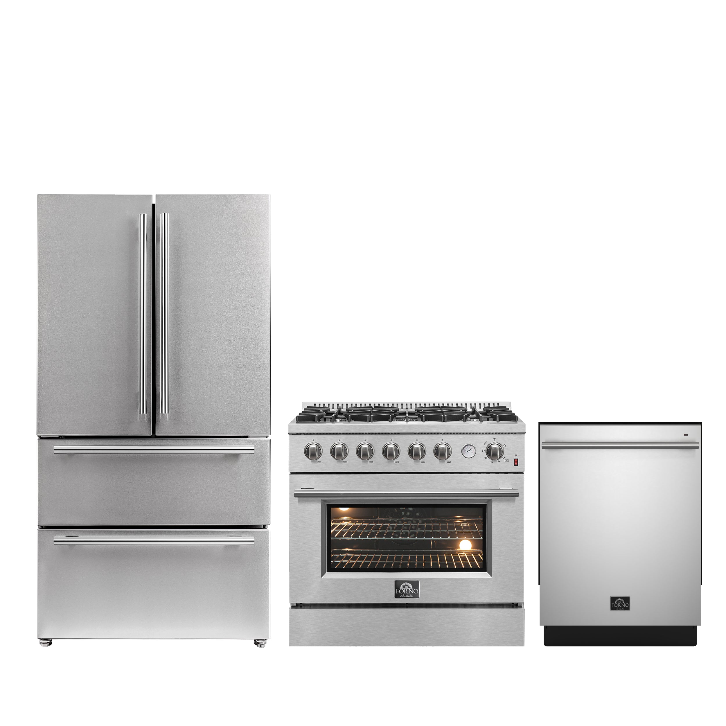 FORNO Premium 3-Piece Kitchen Bundle - 36" Gas Range, French Door Refrigerator, Built-In Dishwasher, Stainless Steel - FBDL-009-01CAUS
FBDL-009-01CAUS - BonPrix Électroménagers
