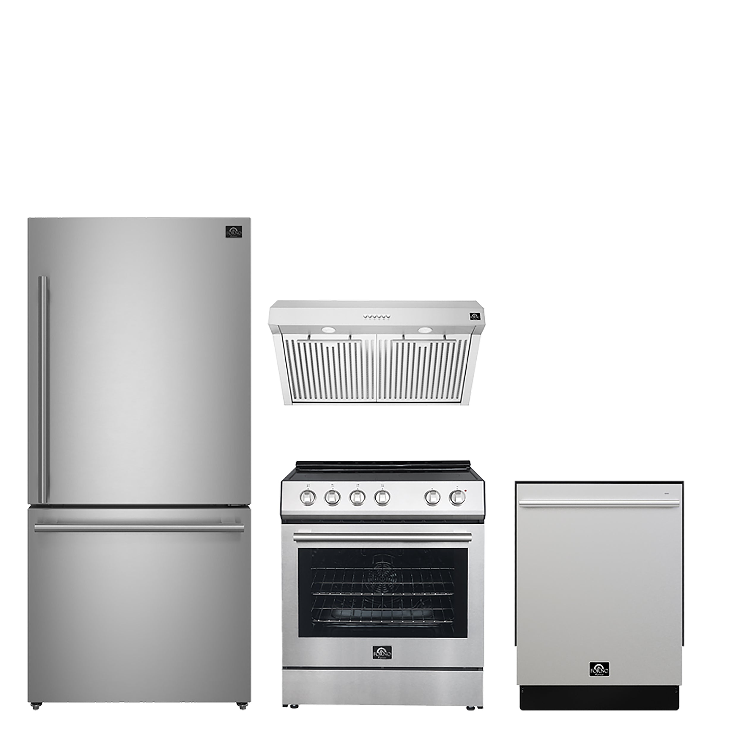 FORNO Premium 4-Piece Kitchen Bundle - 30" Electric Range, 30" Range Hood, 31" French Door Refrigerator, 24" Built-In Dishwasher, Stainless Steel - FBDL-010-01CA - BonPrix Électroménagers