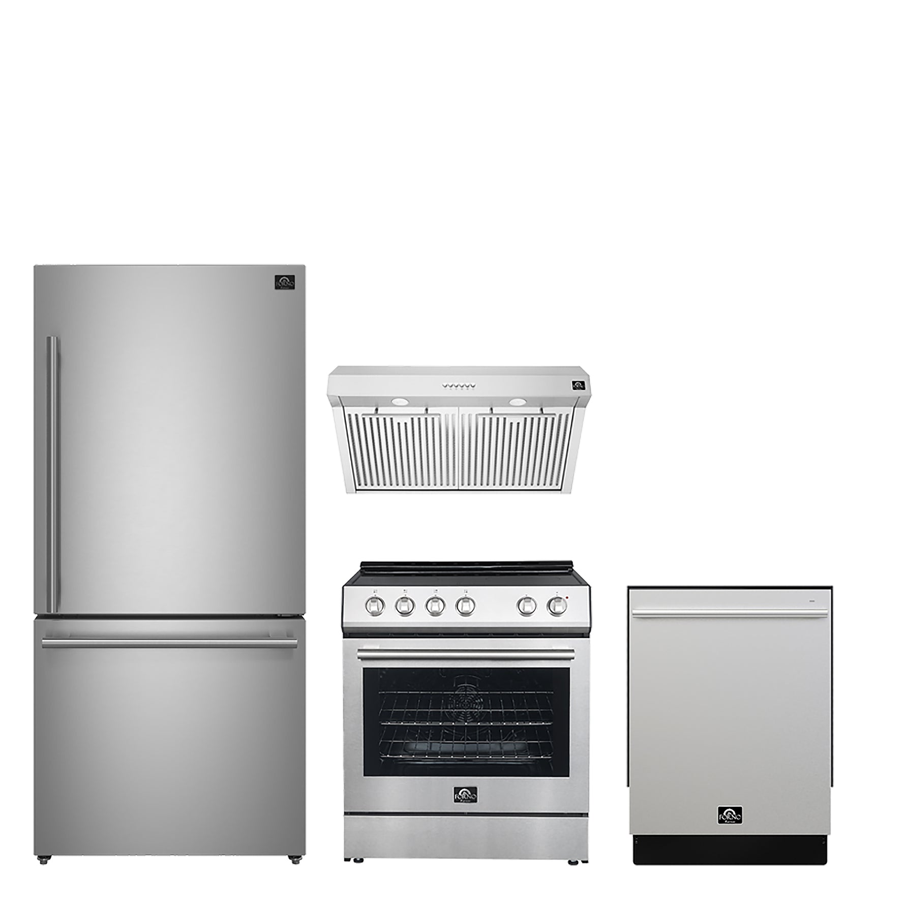 FORNO Premium 4-Piece Kitchen Bundle - 30" Electric Range, 30" Range Hood, 31" French Door Refrigerator, 24" Built-In Dishwasher, Stainless Steel - FBDL-010-01CA - BonPrix Électroménagers
