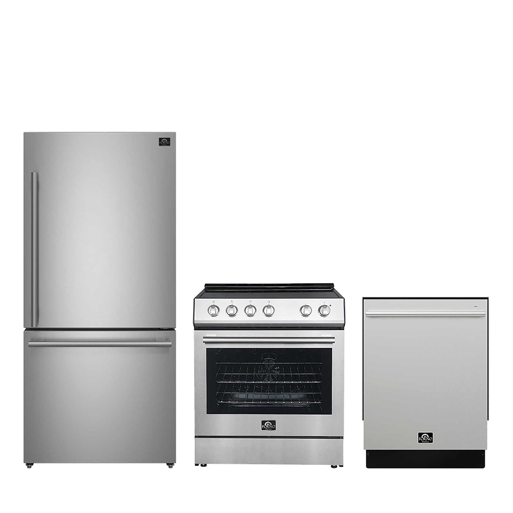 FORNO Premium 3-Piece Kitchen Bundle - 30" Electric Range, 31" French Door Refrigerator, 24" Built-In Dishwasher, Stainless Steel - FBDL-011-01CA - BonPrix Électroménagers