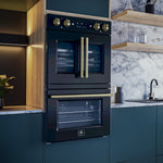 Forno Asti 30-Inch Double Electric Wall Oven with Upper French Doors in Black & Antique Brass, 7.36 cu. ft. Dual True Convection, 7,200W, Air Fry, Sous Vide, Self-Clean - BonPrix Électroménagers