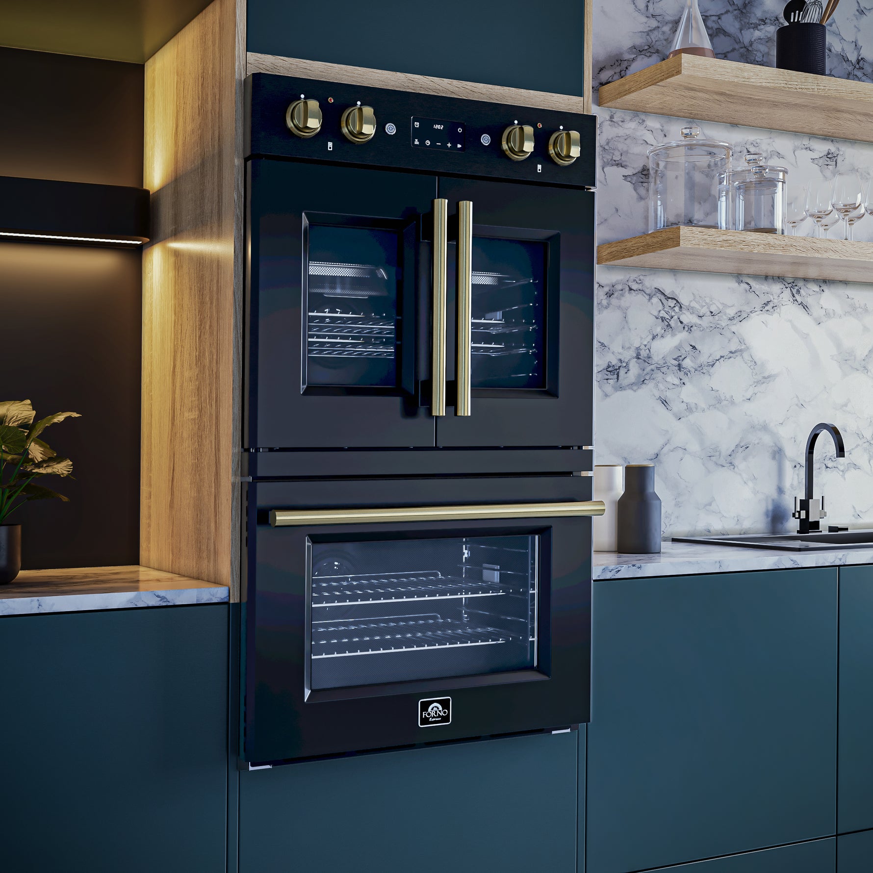 Forno Asti 30-Inch Double Electric Wall Oven with Upper French Doors in Black & Antique Brass, 7.36 cu. ft. Dual True Convection, 7,200W, Air Fry, Sous Vide, Self-Clean - BonPrix Électroménagers