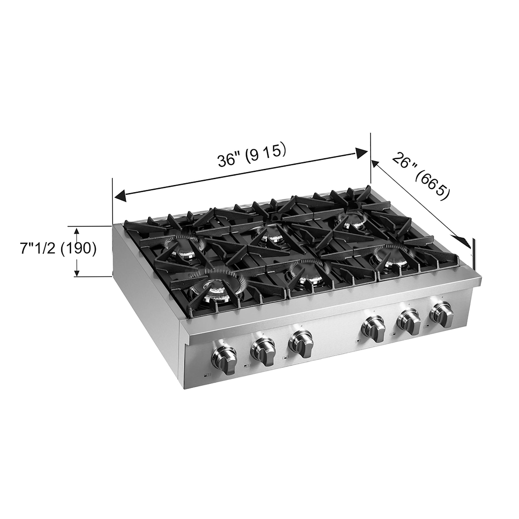 Forno Cossato Alta Qualita 36-Inch Pro-Style Gas Rangetop, Stainless Steel, 6 Sealed Burners, 83,000 BTU Total Output, Continuous Cast Iron Grates - BonPrix Électroménagers