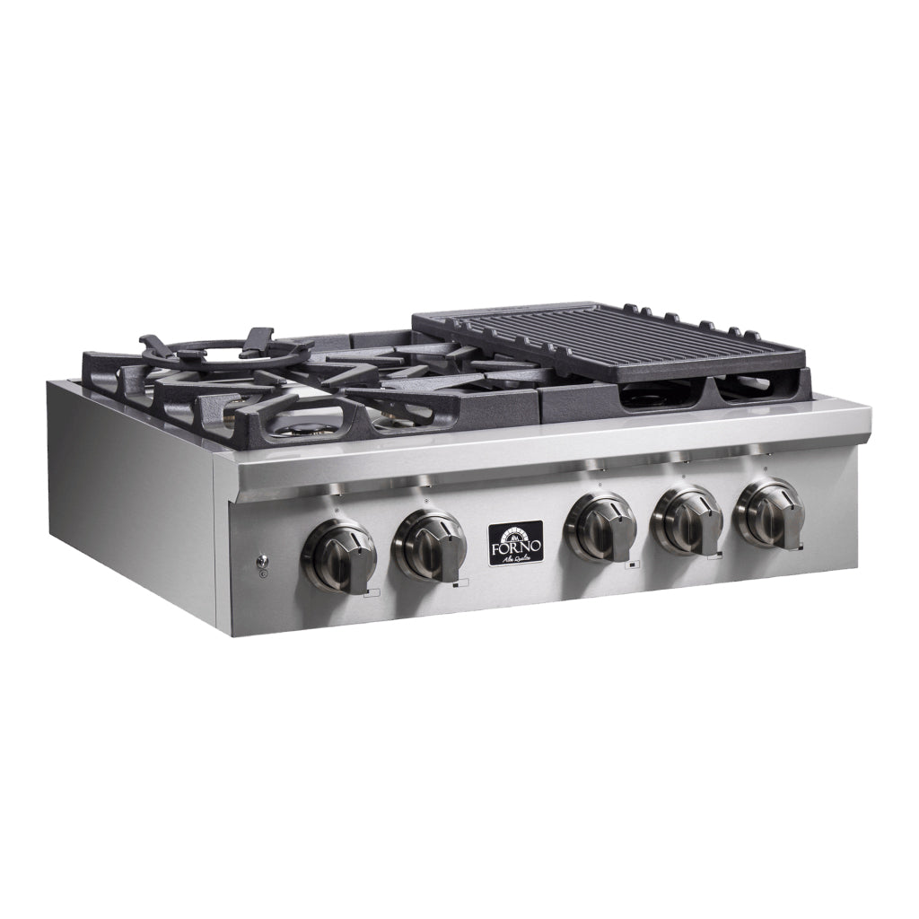 Forno Spezia Alta Qualita 30-Inch Pro-Style Gas Rangetop, Stainless Steel, 5 Sealed Burners, Continuous Cast Iron Grates, High Heat Output - BonPrix Électroménagers
