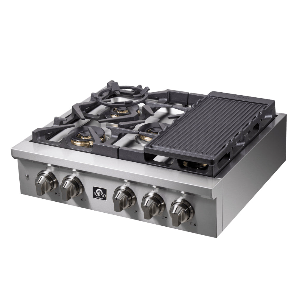Forno Spezia Alta Qualita 30-Inch Pro-Style Gas Rangetop, Stainless Steel, 5 Sealed Burners, Continuous Cast Iron Grates, High Heat Output - BonPrix Électroménagers