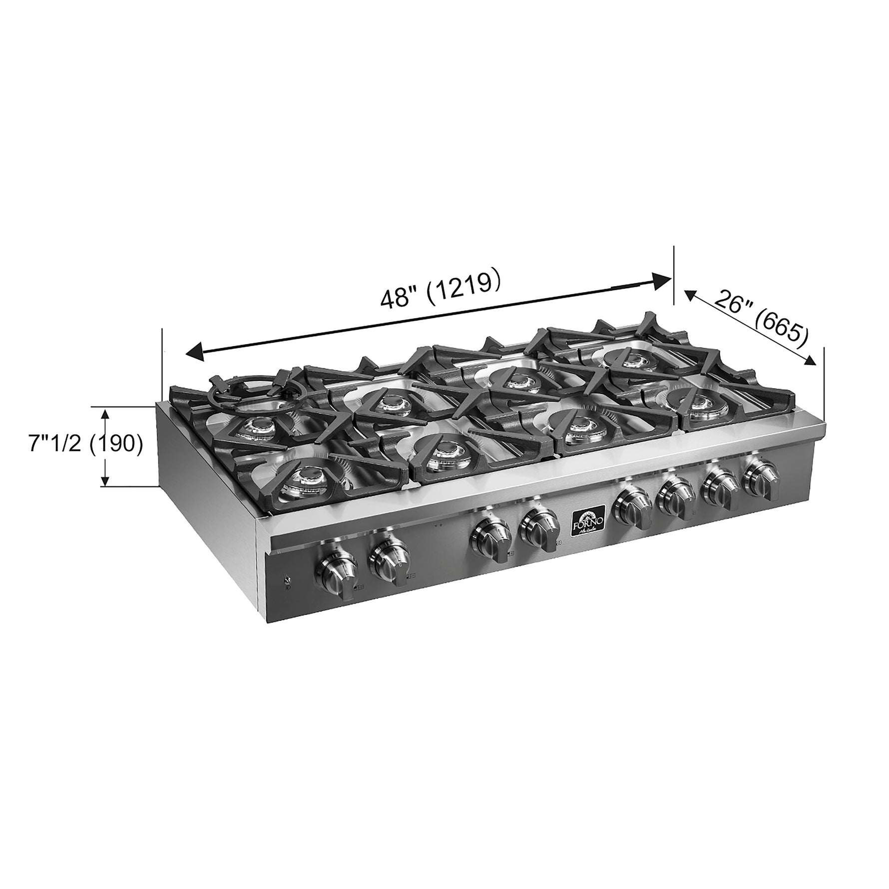 Forno Spezia Alta Qualita 48-Inch Pro-Style Gas Rangetop, Stainless Steel, 8 Sealed Burners, Continuous Cast Iron Grates, High Heat Output - BonPrix Électroménagers