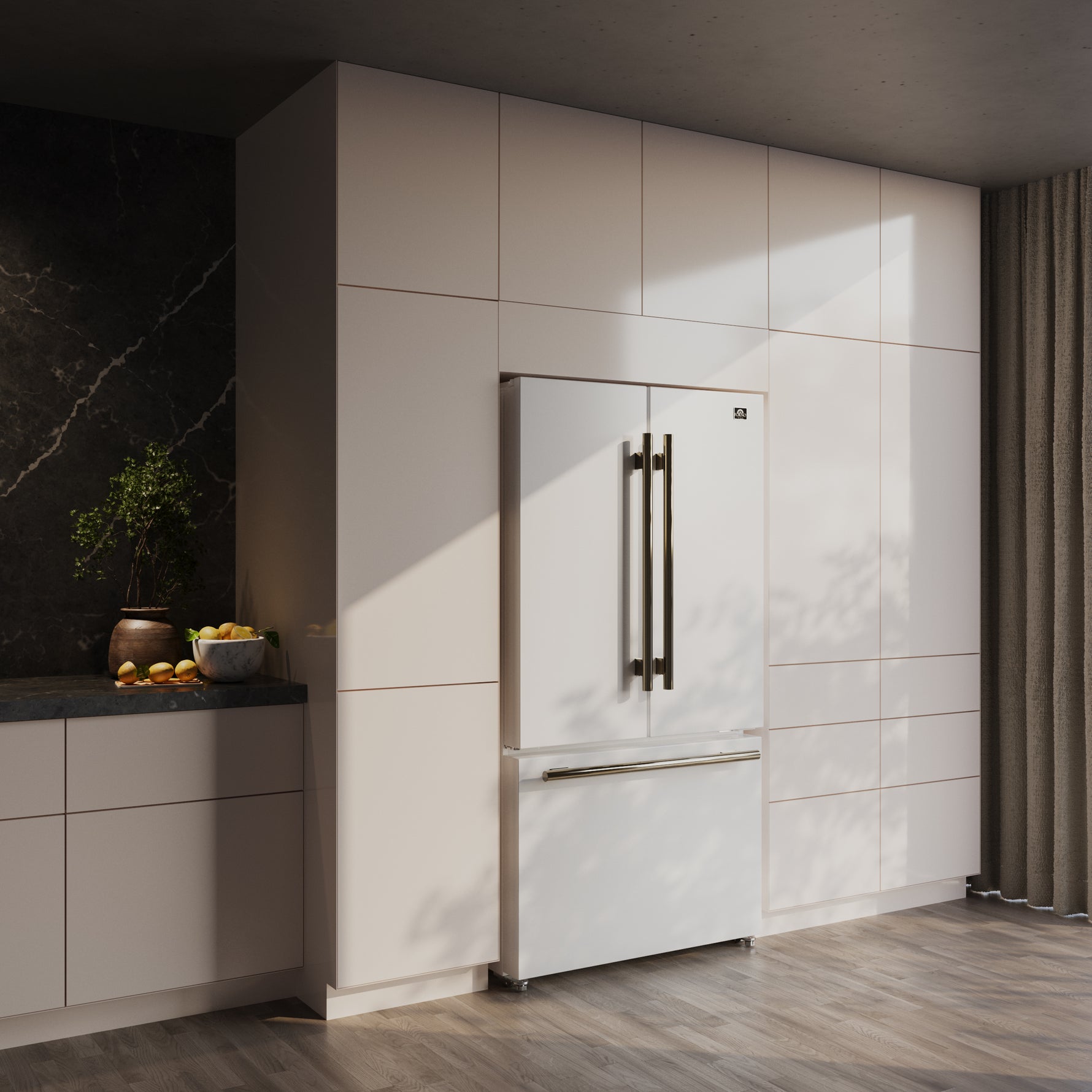 Forno Rivello 36 Inch French Door Refrigerator in White with Antique Brass, Internal Water Dispenser, Filtered Ice, Adjustable Shelves, Energy Star Certified - BonPrix Électroménagers