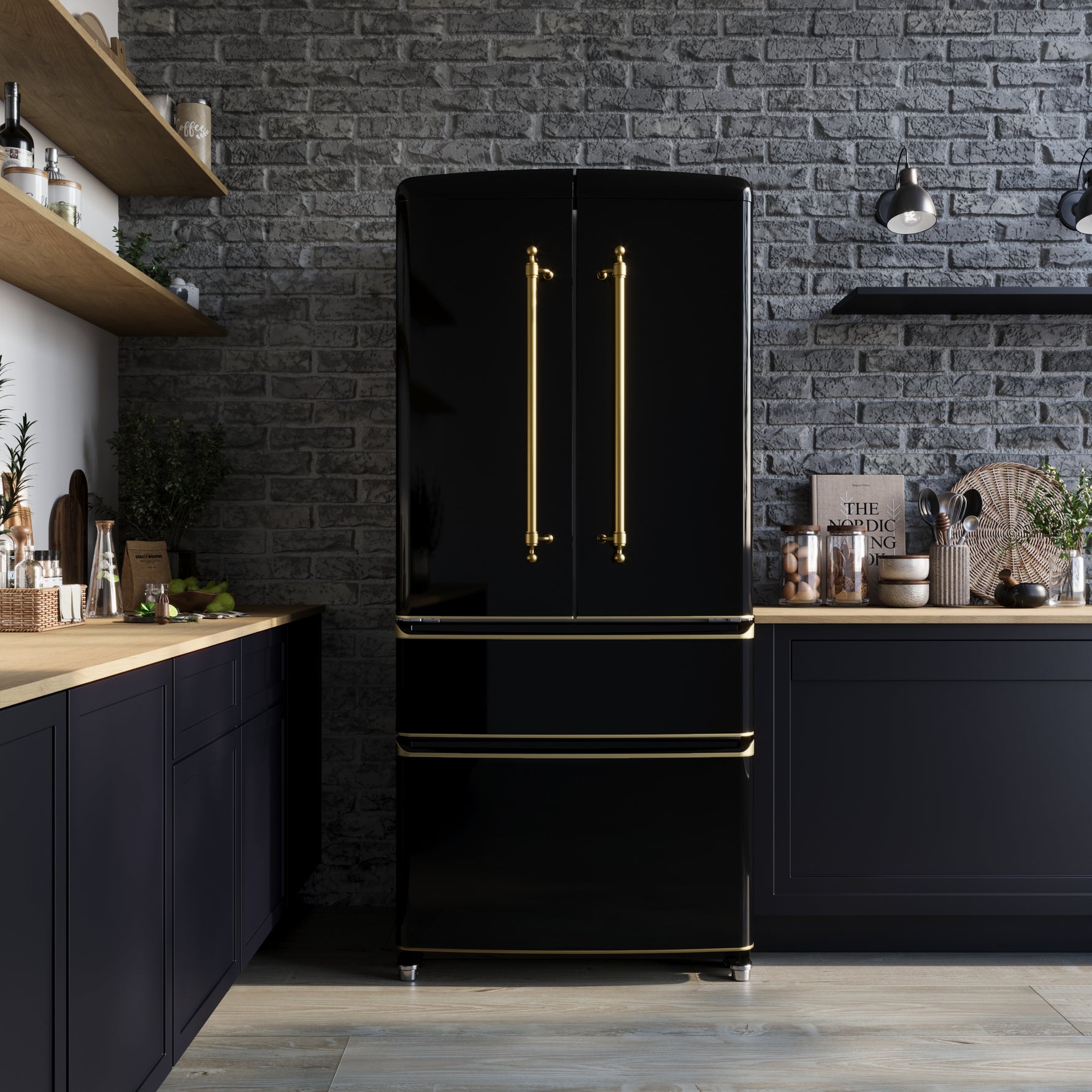 Forno Luigi 33-Inch French Door Refrigerator, 18 cu.ft, Black Finish, Antique Brass Handles, ENERGY STAR Certified - BonPrix Électroménagers
