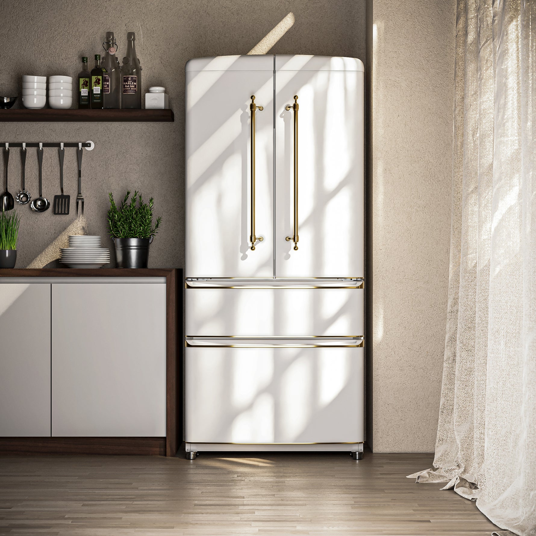 Forno Luigi 33-Inch French Door Refrigerator, 18 cu.ft, White Finish, Antique Brass Handles, ENERGY STAR Certified - BonPrix Électroménagers