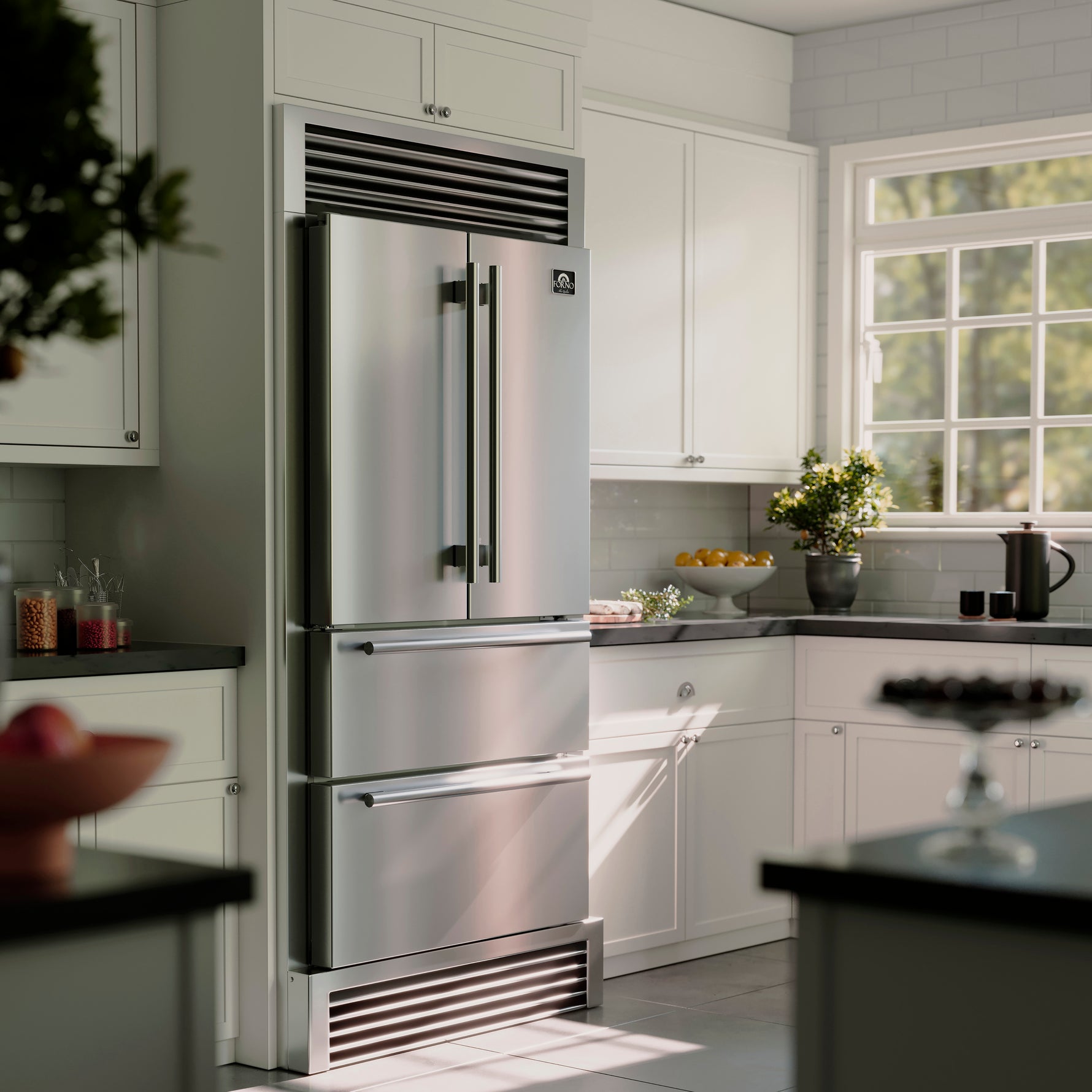 Forno Moena 40-Inch French Door Refrigerator, Stainless Steel, 19.2 cu.ft, Decorative Grill, ENERGY STAR Certified - BonPrix Électroménagers