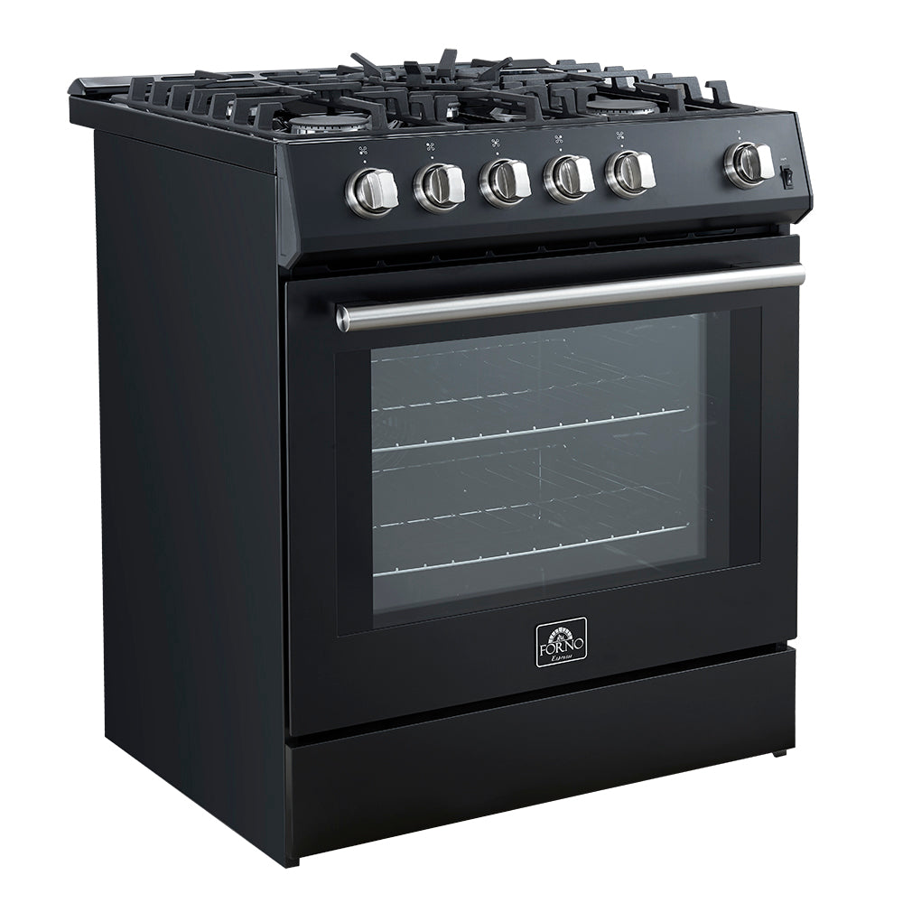 Forno Leonardo Espresso 30-Inch Black Gas Range, 5 Burners, 39,500 BTU, 5 cu.ft Convection Oven - BonPrix Électroménagers