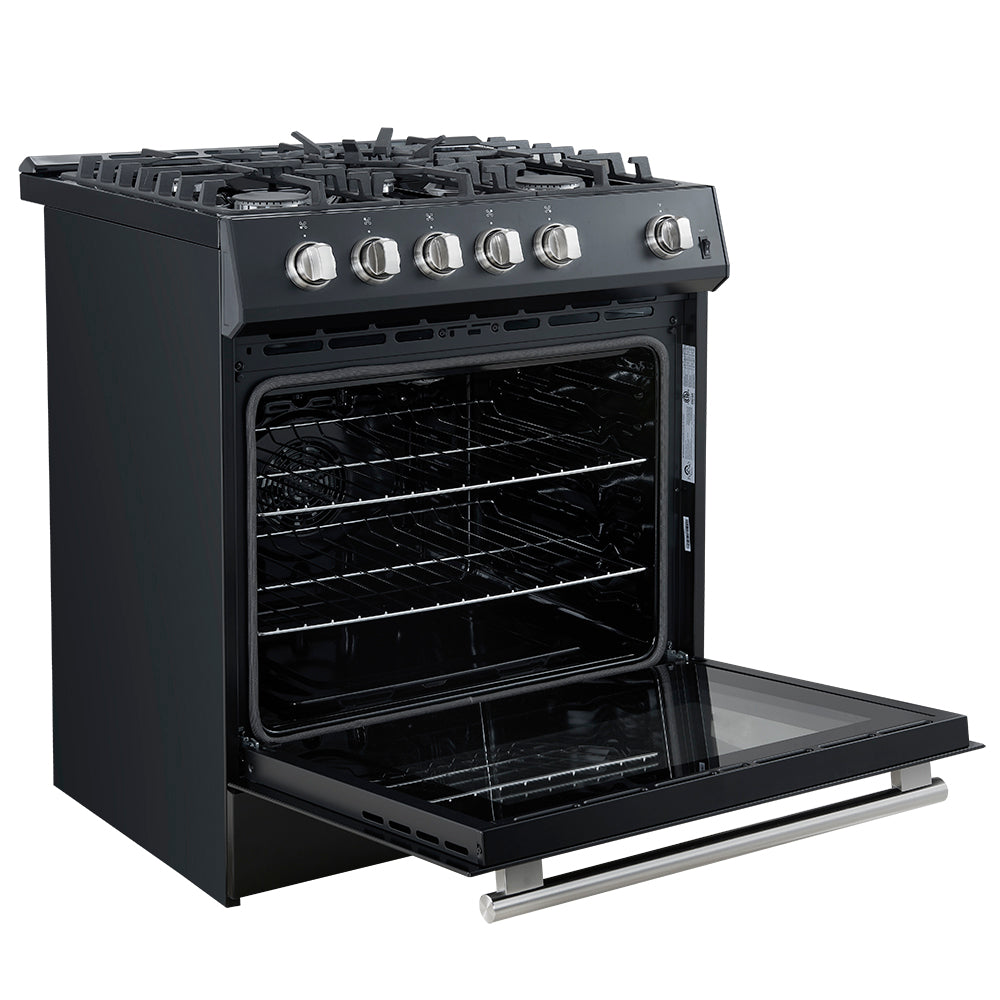 Forno Leonardo Espresso 30-Inch Black Gas Range, 5 Burners, 39,500 BTU, 5 cu.ft Convection Oven - BonPrix Électroménagers