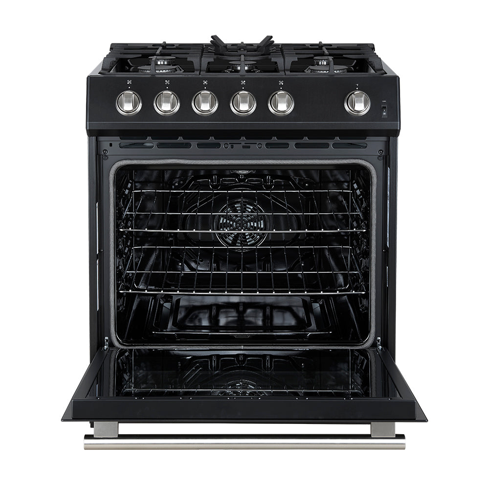 Forno Leonardo Espresso 30-Inch Black Gas Range, 5 Burners, 39,500 BTU, 5 cu.ft Convection Oven - BonPrix Électroménagers