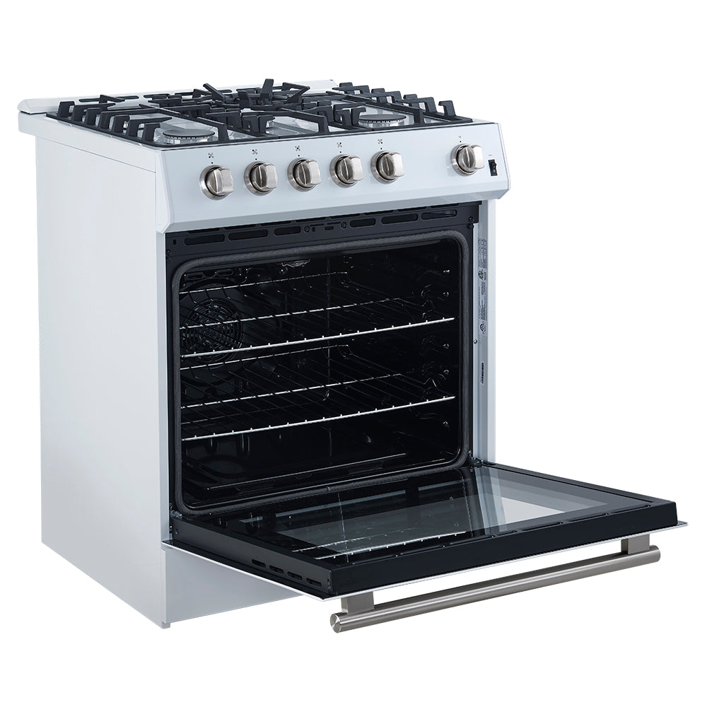 Forno Leonardo Espresso 30-Inch White Gas Range, 5 Burners, 39,500 BTU, 5 cu.ft Convection Oven - BonPrix Électroménagers