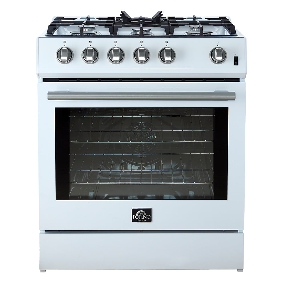 Forno Leonardo Espresso 30-Inch White Gas Range, 5 Burners, 39,500 BTU, 5 cu.ft Convection Oven - BonPrix Électroménagers