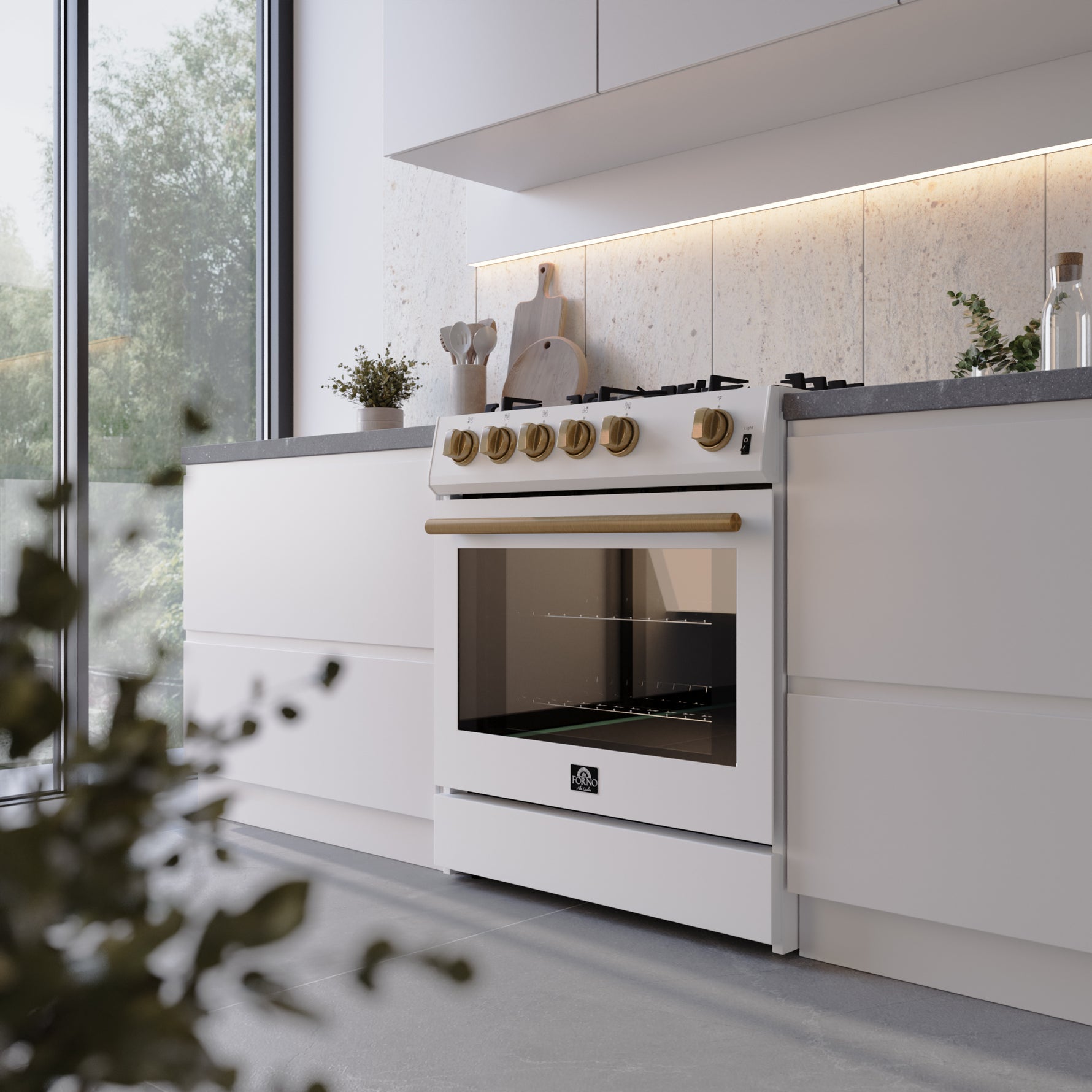 Forno Leonardo Espresso 30-Inch White Gas Range, 5 Burners, 39,500 BTU, 5 cu.ft Convection Oven - BonPrix Électroménagers