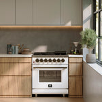 Forno Massimo 30-Inch Freestanding Dual Fuel Range in White with Antique Brass Accessories, 4 Burners, 4.32 cu. ft. Convection Oven - BonPrix Électroménagers