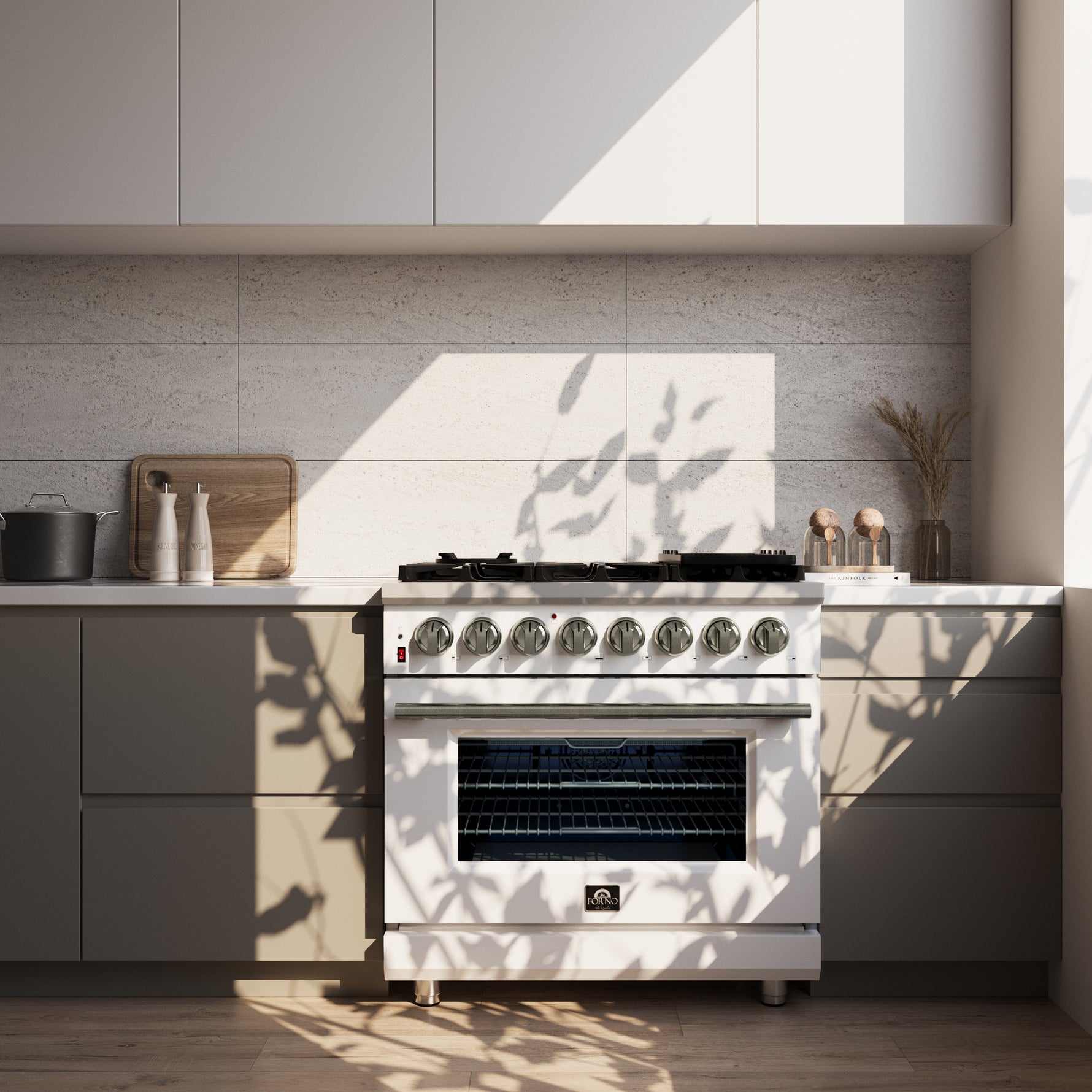 Forno Massimo 36 Inch Freestanding Dual Fuel Range in White with Antique Brass Accessories, 6 Burners, 5.36 cu. ft. Convection Oven - BonPrix Électroménagers
