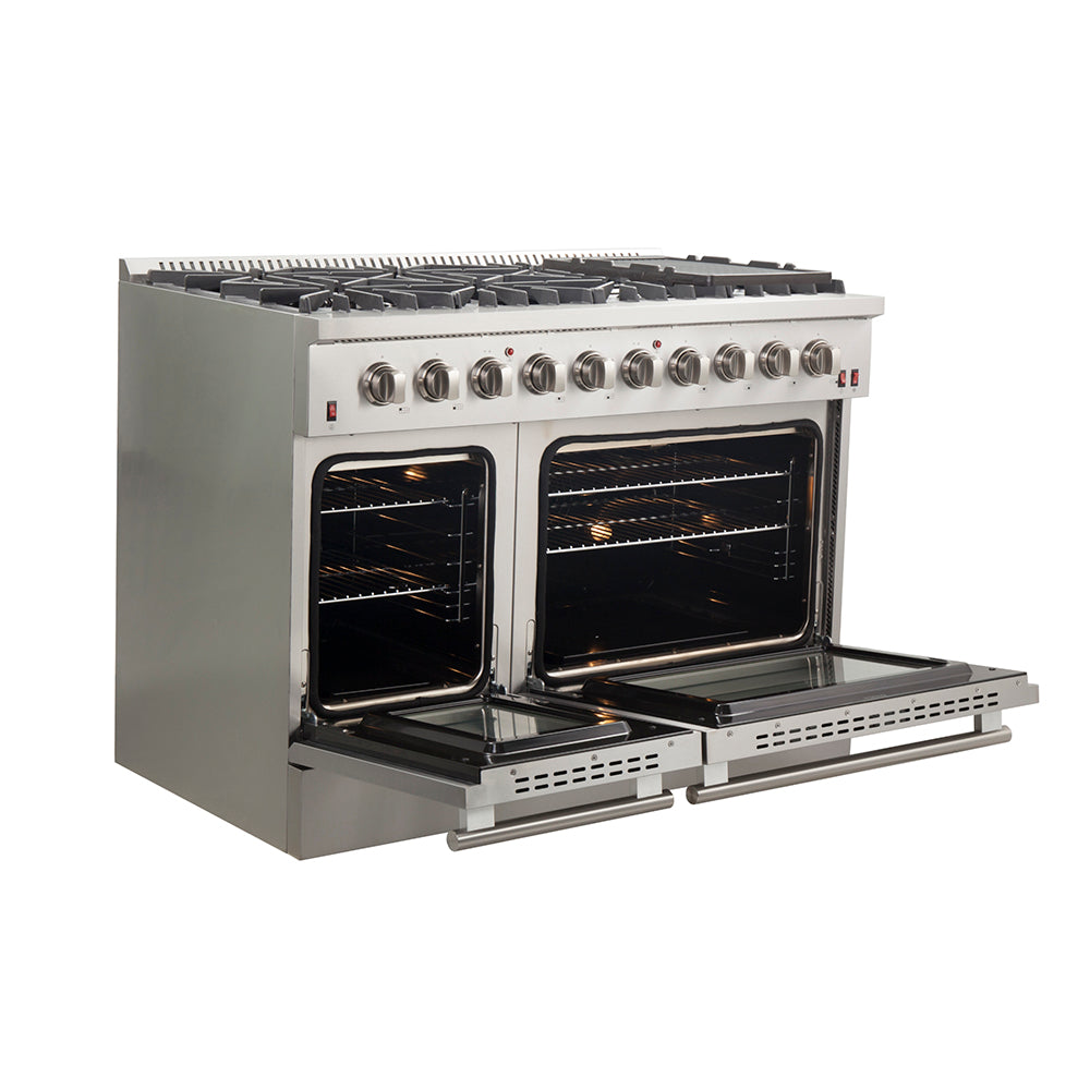Forno Galiano 48-Inch Freestanding Gas Range, Stainless Steel, 8 Burners, 107,000 BTU, Griddle, Double Ovens, Energy Efficient - BonPrix Électroménagers