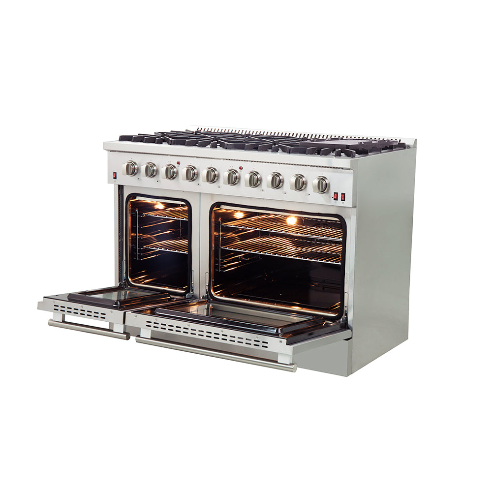 Forno Galiano 48-Inch Freestanding Gas Range, Stainless Steel, 8 Burners, 107,000 BTU, Griddle, Double Ovens, Energy Efficient - BonPrix Électroménagers