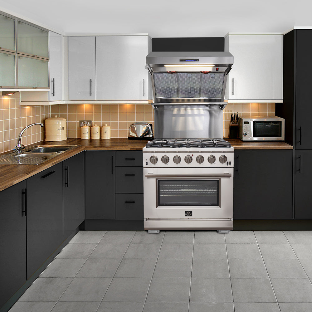 FORNO Premium 2-Piece Kitchen Bundle - Galiano 36" Stainless Steel Range, Forno Moena 36" French Door 19.2 cu. ft Stainless Steel Refrigerator, with Decorative Grill - 40" Wide - FBDL-019-03CAUS - BonPrix Électroménagers