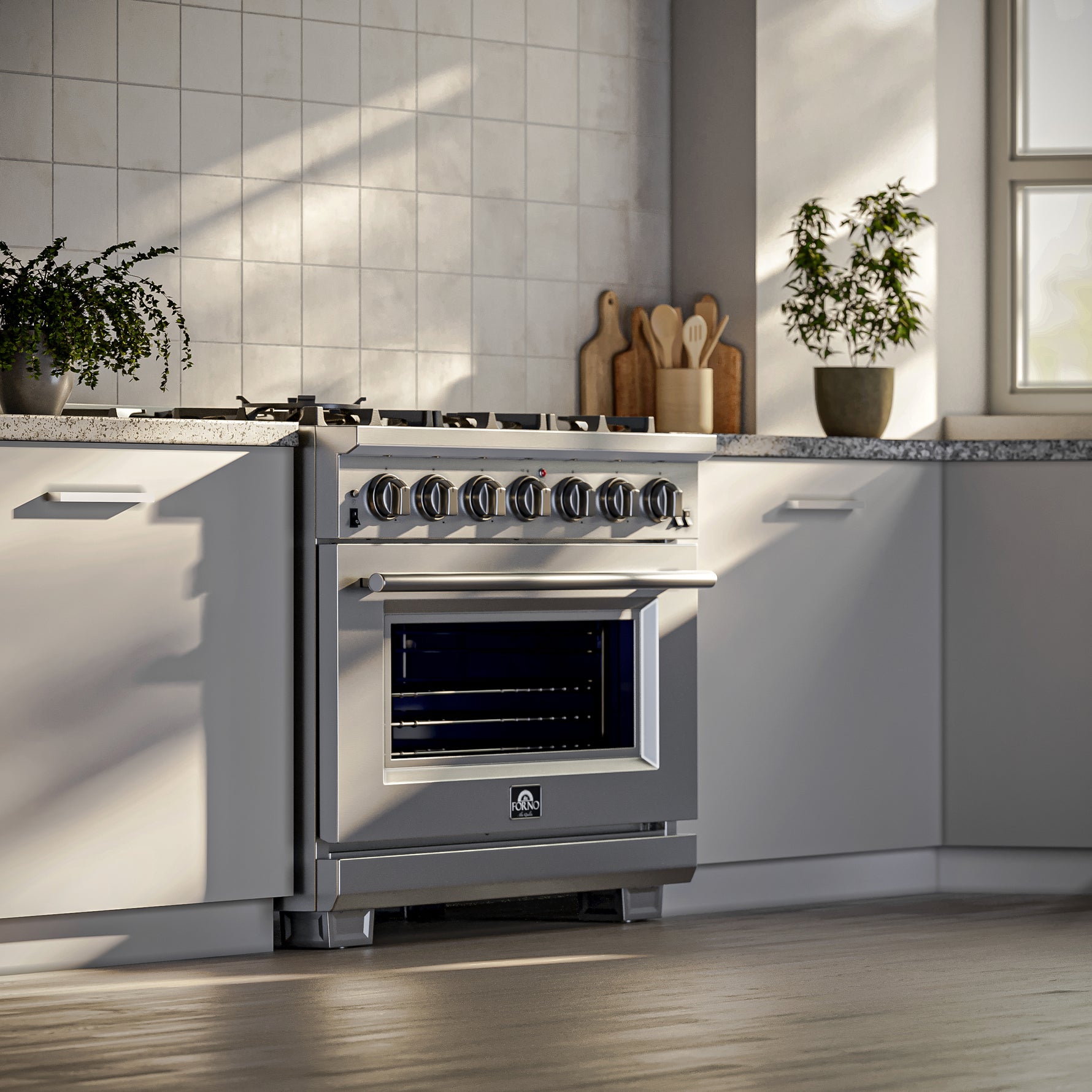 Forno Capriasca 36-Inch Gas Range, Stainless Steel, 6 Brass Burners, 120,000 BTU, Convection Oven, Energy Efficient - BonPrix Électroménagers
