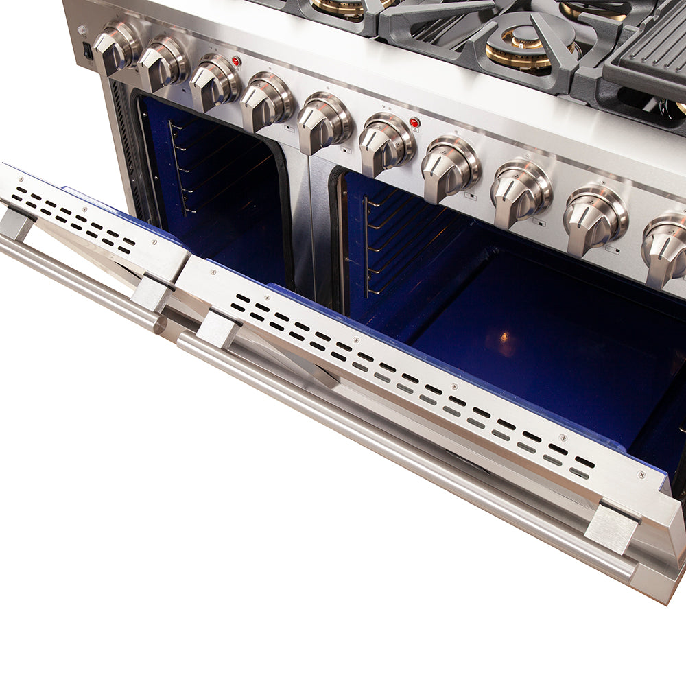 FORNO Capriasca 48-inch Gas Range Stainless Steel, 8 Brass Burners 160,000 BTU, 6.58 cu.ft. Double Oven - BonPrix Électroménagers