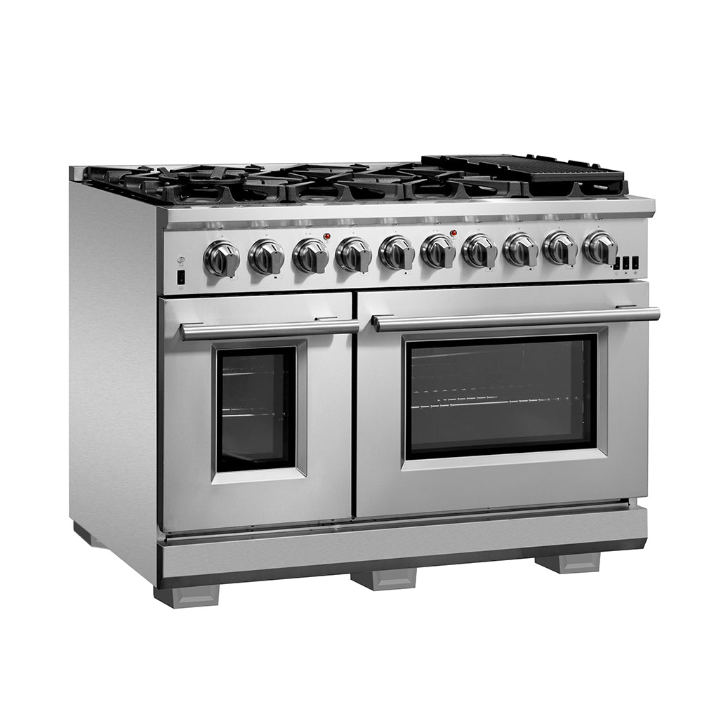 FORNO Capriasca 48-inch Gas Range Stainless Steel, 8 Brass Burners 160,000 BTU, 6.58 cu.ft. Double Oven - BonPrix Électroménagers