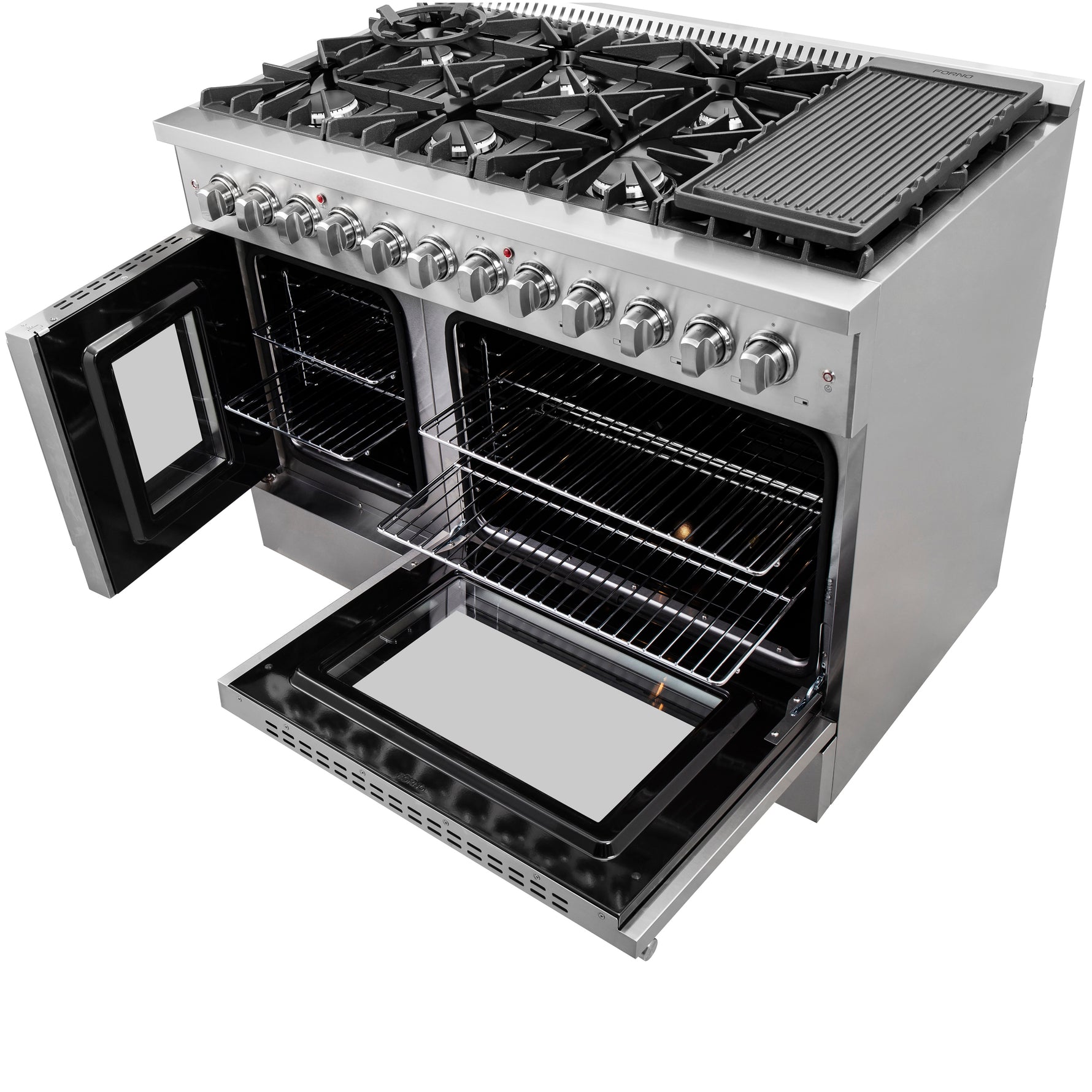 FORNO Galiano 48-Inch French Door Dual Fuel Range All Stainless Steel, 8 Sealed Burners, 107,000 BTU, Griddle, 6.58 cu.ft. Double Ovens - BonPrix Électroménagers