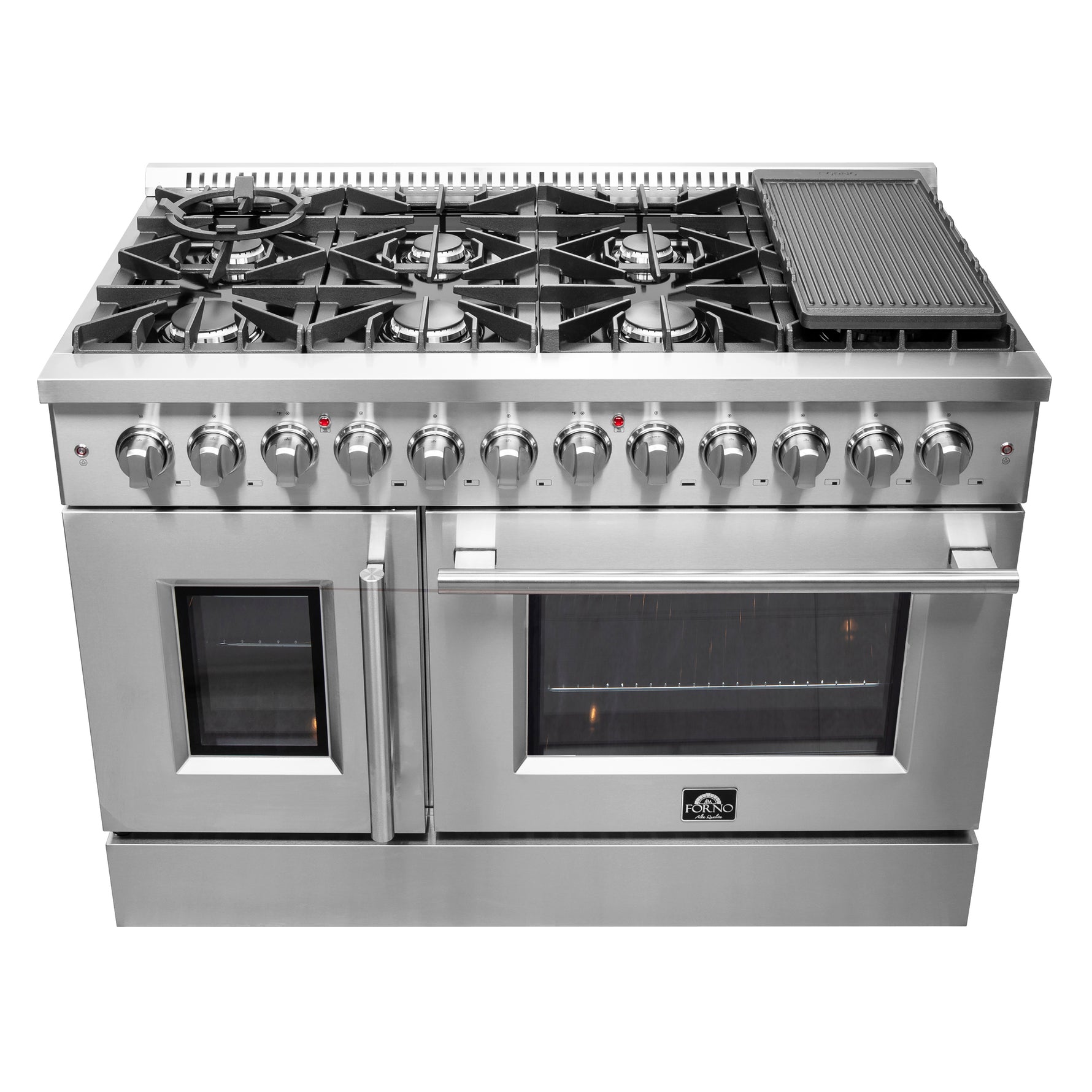 FORNO Galiano 48-Inch French Door Dual Fuel Range All Stainless Steel, 8 Sealed Burners, 107,000 BTU, Griddle, 6.58 cu.ft. Double Ovens - BonPrix Électroménagers