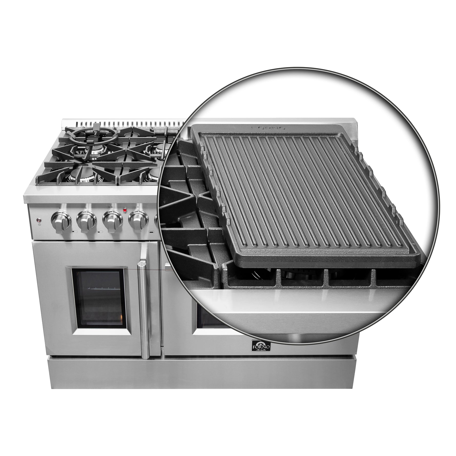 FORNO Galiano 48-Inch French Door Dual Fuel Range All Stainless Steel, 8 Sealed Burners, 107,000 BTU, Griddle, 6.58 cu.ft. Double Ovens - BonPrix Électroménagers