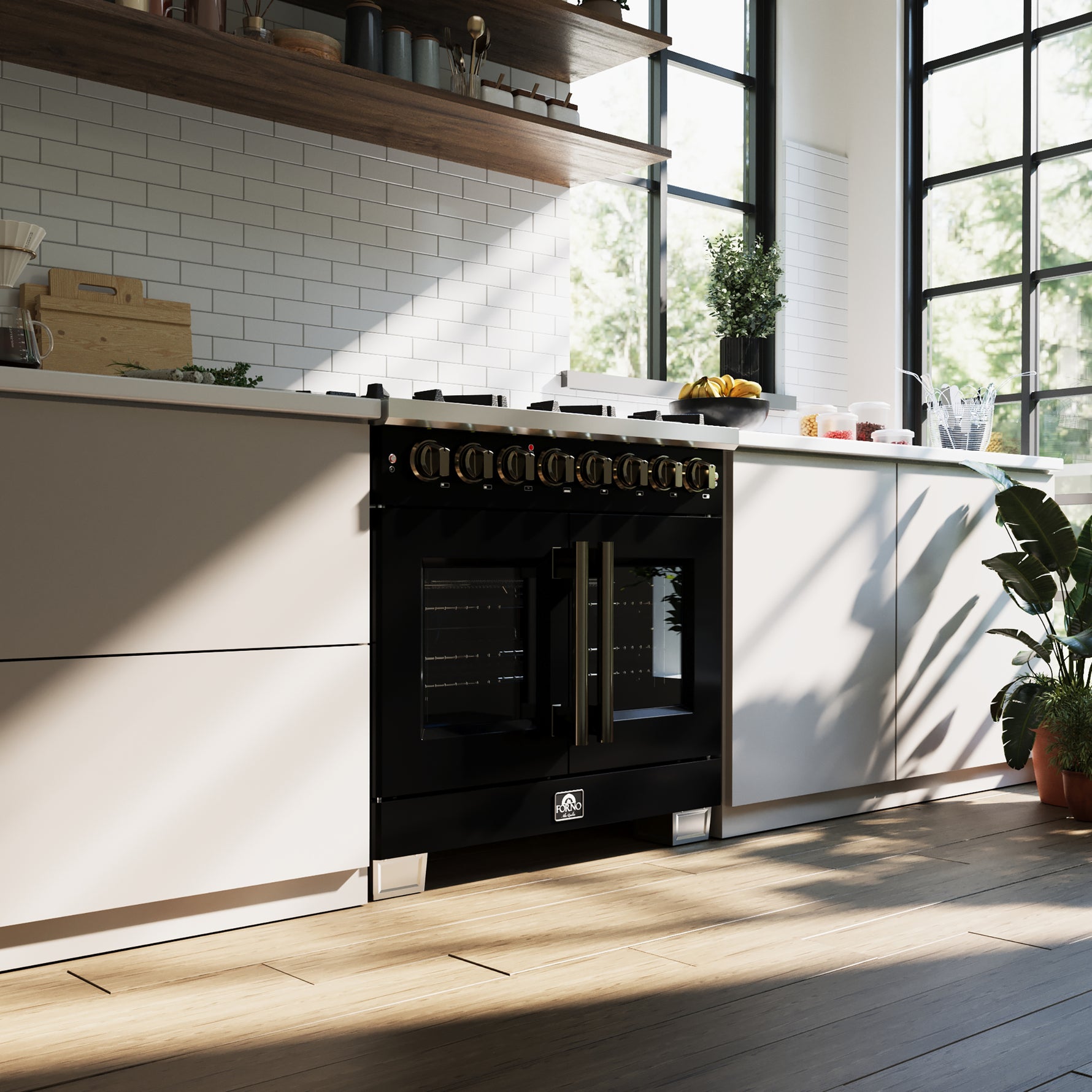 Forno Capriasca 36 Inch Freestanding French Door Dual Fuel Range in Black with Antique Brass Accessories, 6 Burners, True Convection Oven - BonPrix Électroménagers
