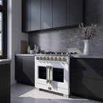 Forno Capriasca 36 Inch Freestanding French Door Dual Fuel Range in White with Antique Brass Accessories, 6 Burners, True Convection Oven - BonPrix Électroménagers