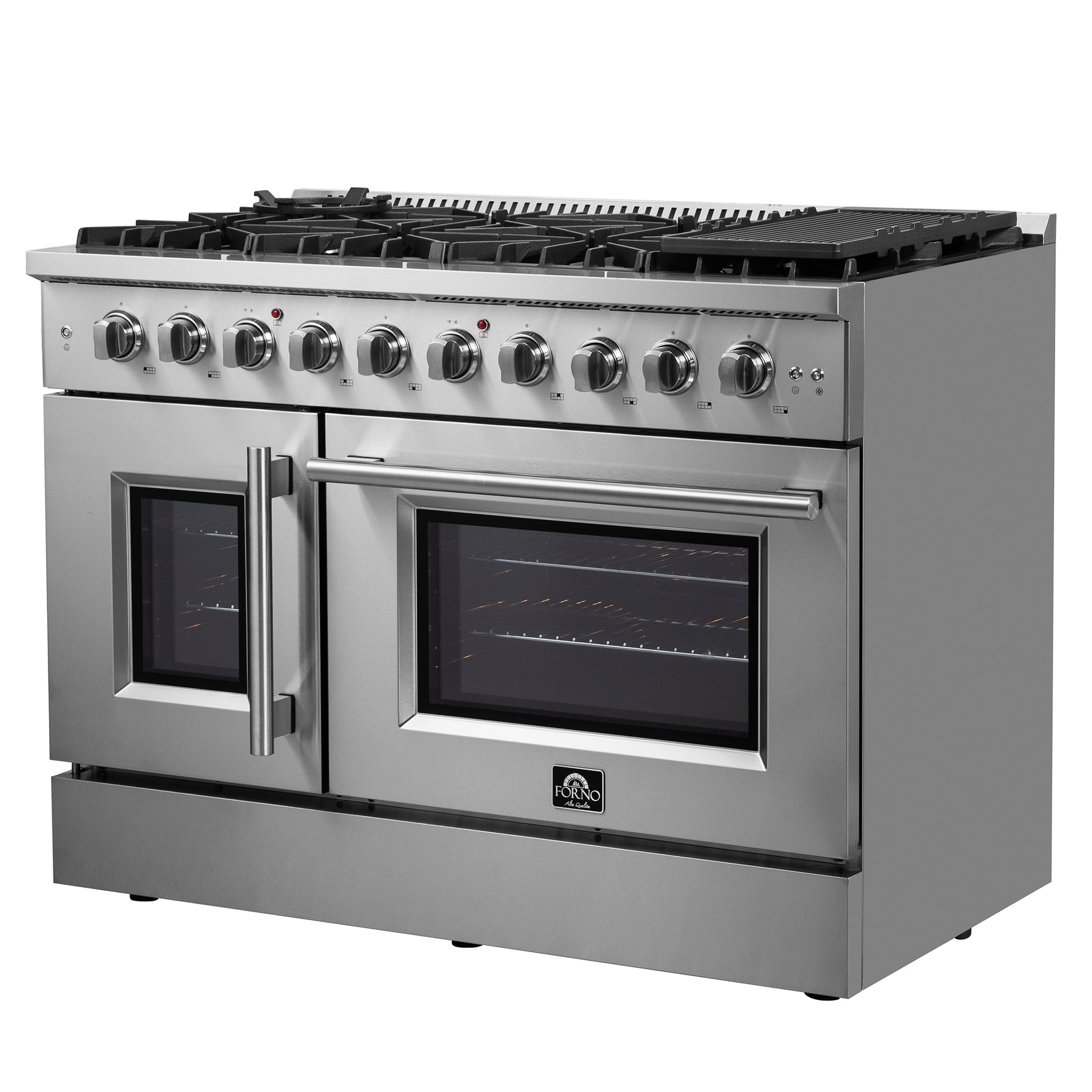 Forno Galiano 48-Inch Freestanding French Door Gas Range, 8 Burners, Griddle, Convection Oven, Energy Efficient - BonPrix Électroménagers