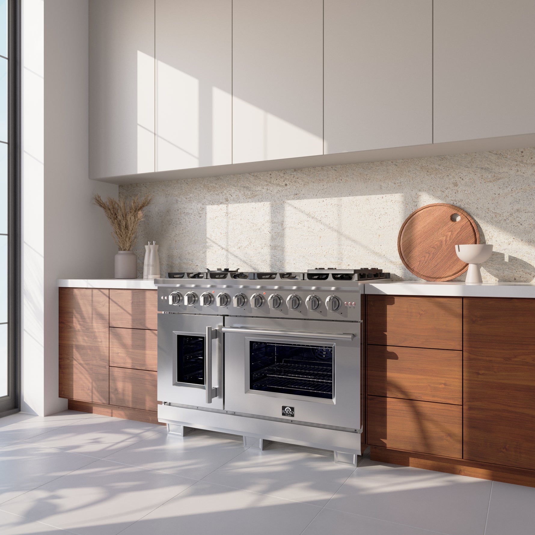 Forno Capriasca 48-Inch Freestanding French Door Gas Range, 8 Burners, Convection Oven, Energy Efficient - BonPrix Électroménagers