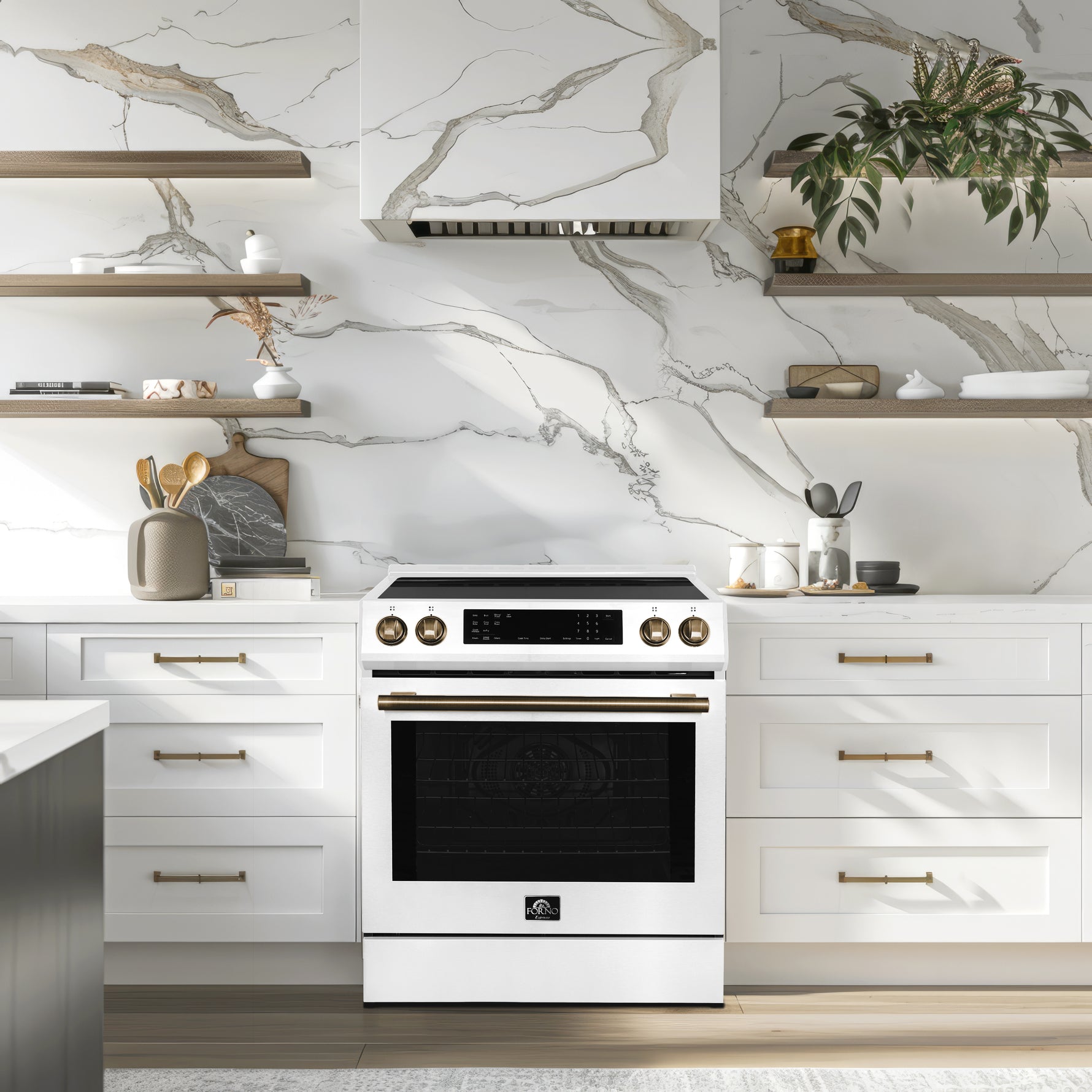 Forno Donatello Espresso 30-Inch Slide-In White Induction Range, Convection Oven, 5 Cooking Zones, Touch Control Panel - BonPrix Électroménagers