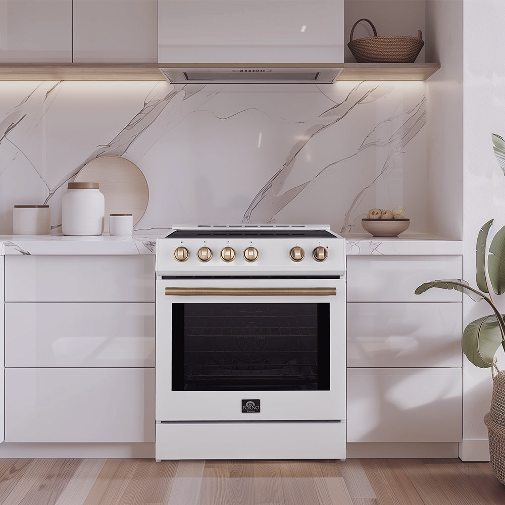 Forno Leonardo Espresso 30-Inch Slide-In White Induction Range, Convection Oven, 5 Cooking Zones, Touch Control Panel - BonPrix Électroménagers