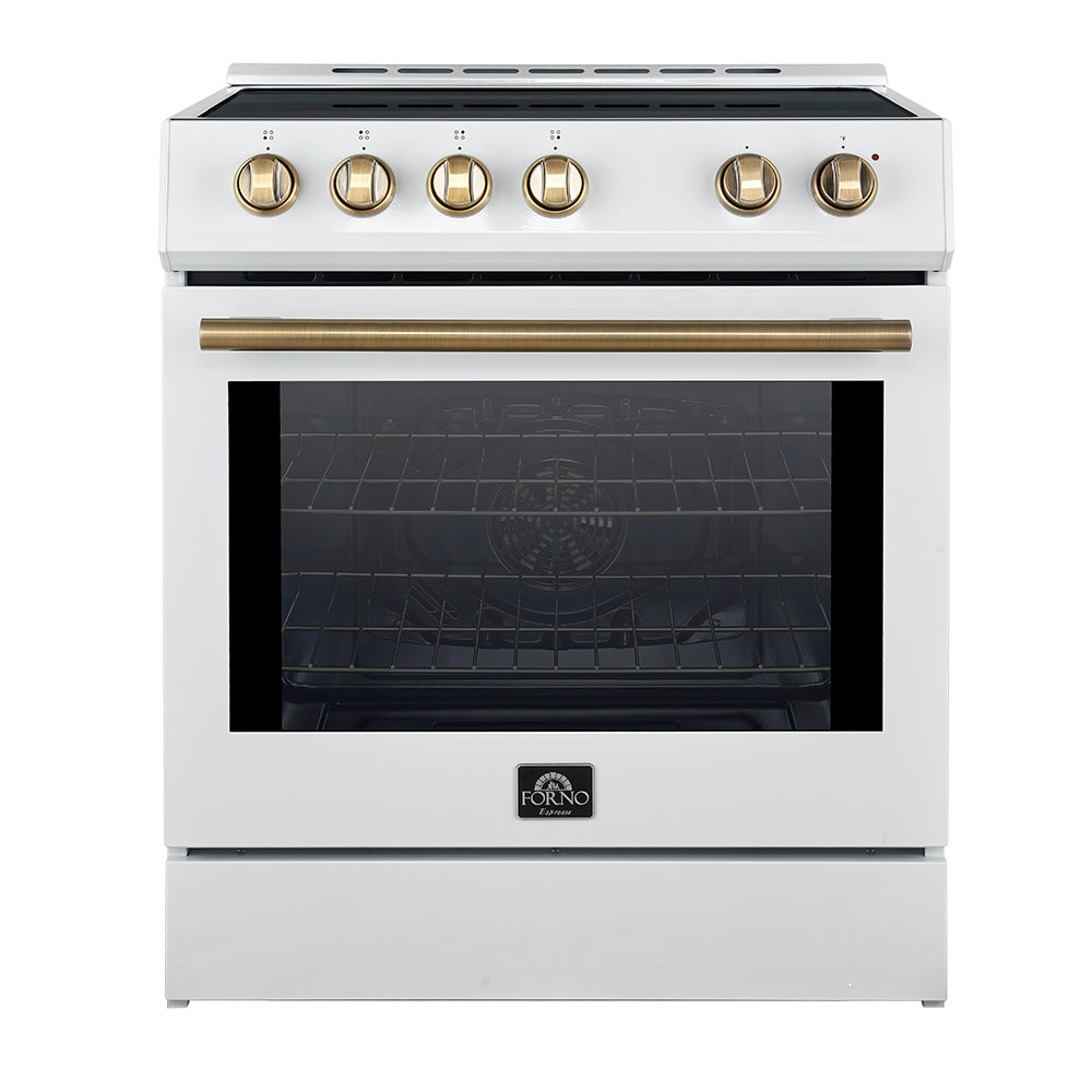 Forno Leonardo Espresso 30-Inch Slide-In White Induction Range, Convection Oven, 5 Cooking Zones, Touch Control Panel - BonPrix Électroménagers