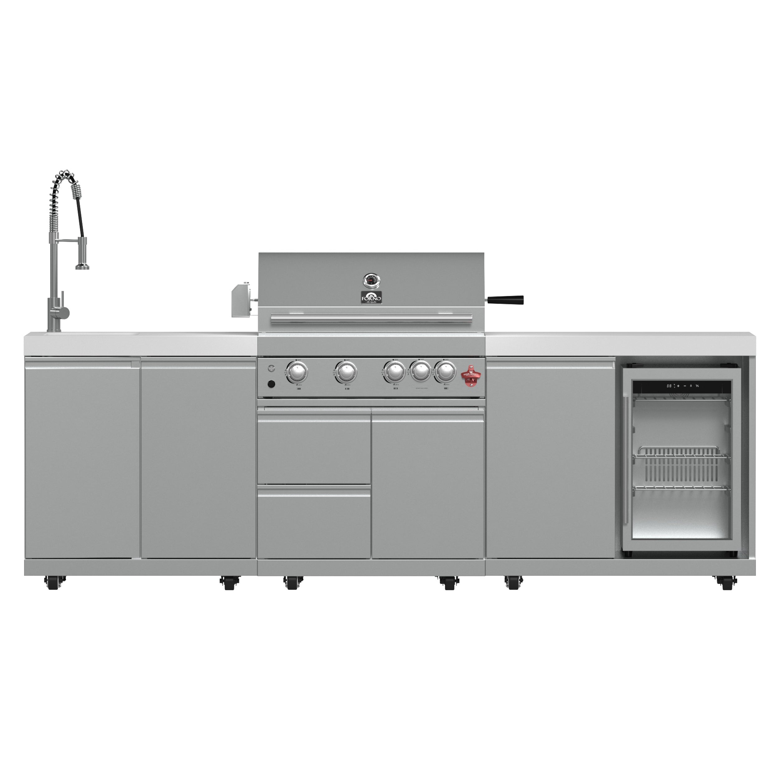 FORNO Bulnes 30-Inch BBQ, 60,000 BTU, 3 Burners with Sear & Rotisserie Infrared Burners, Stainless Steel Outdoor Kitchen with 1.8 cu.ft. Beverage Center & White Sintered Stone Countertops - BonPrix Électroménagers