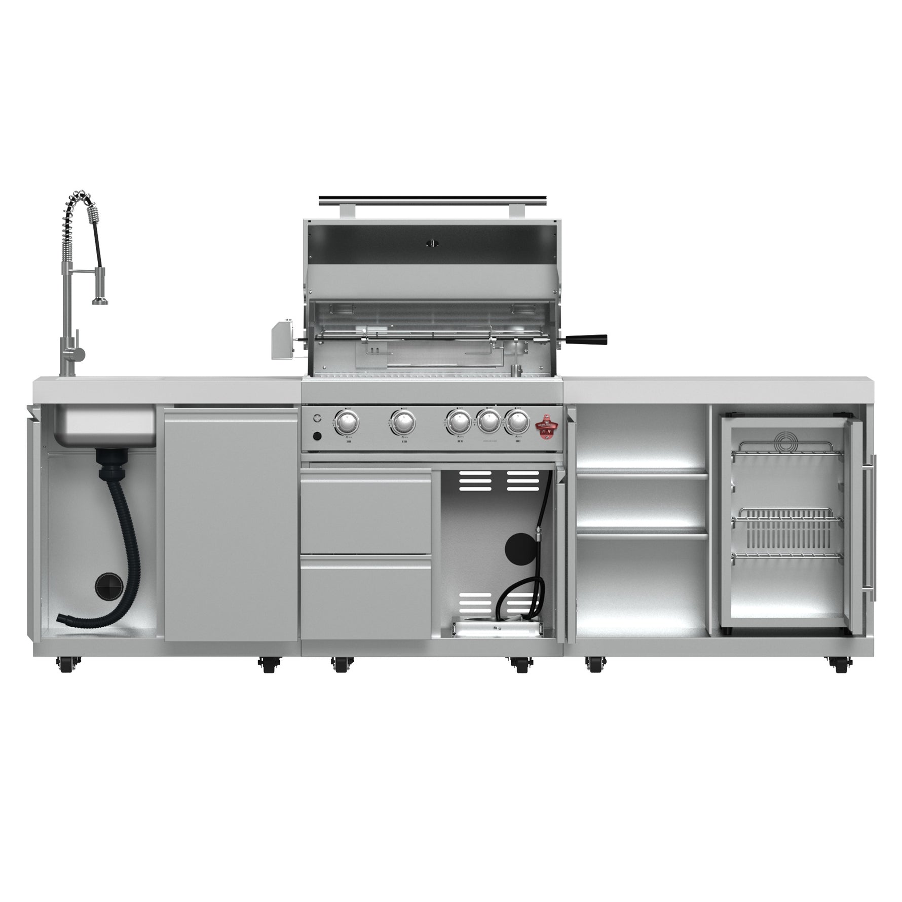 FORNO Bulnes 30-Inch BBQ, 60,000 BTU, 3 Burners with Sear & Rotisserie Infrared Burners, Stainless Steel Outdoor Kitchen with 1.8 cu.ft. Beverage Center & White Sintered Stone Countertops - BonPrix Électroménagers