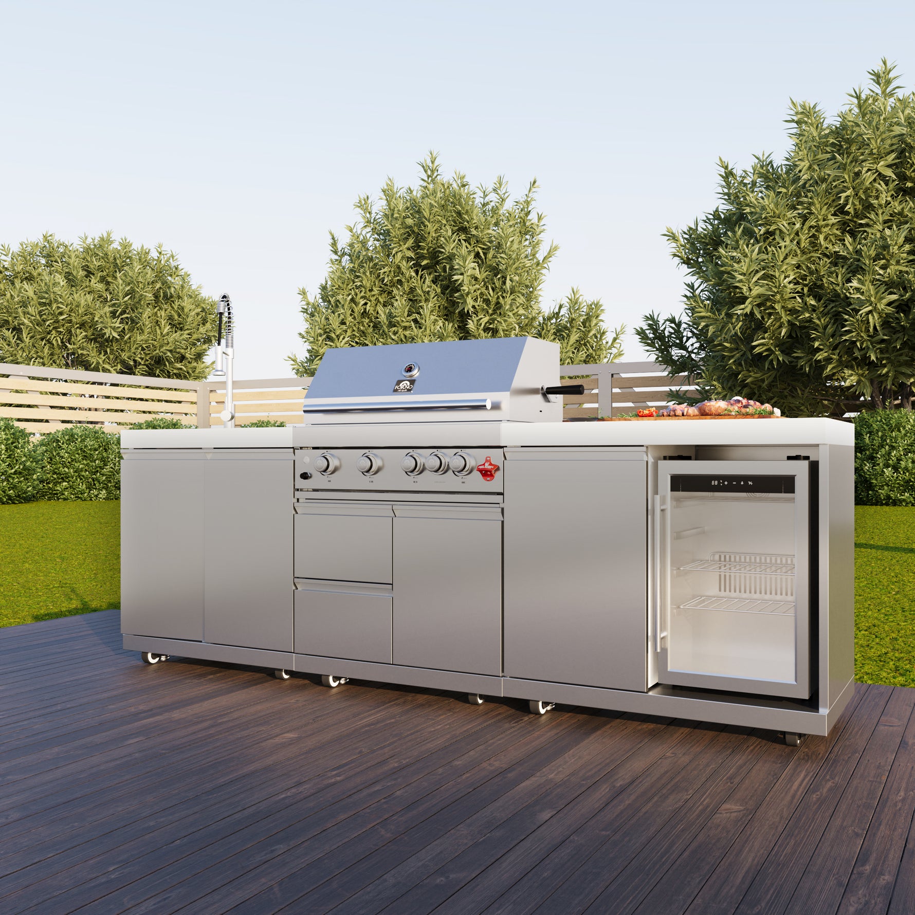 FORNO Bulnes 30-Inch BBQ, 60,000 BTU, 3 Burners with Sear & Rotisserie Infrared Burners, Stainless Steel Outdoor Kitchen with 1.8 cu.ft. Beverage Center & White Sintered Stone Countertops - BonPrix Électroménagers