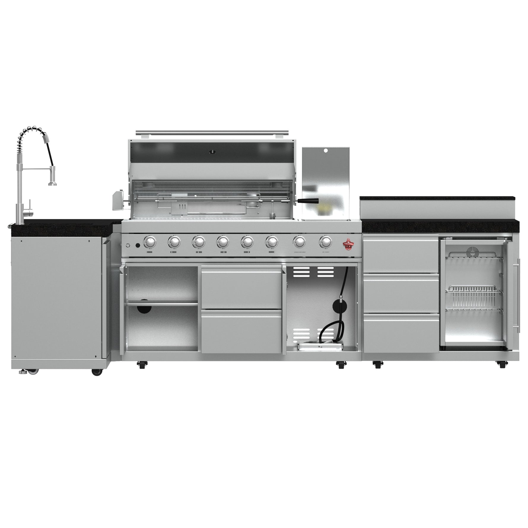 FORNO Bulnes 40-Inch BBQ, 95,000 BTU, 5 Burners, Sear & Rotisserie Infrared with Side Burner, Stainless Steel Outdoor Kitchen with 1.8 cu.ft. Beverage Center & Black Granite Countertops - BonPrix Électroménagers