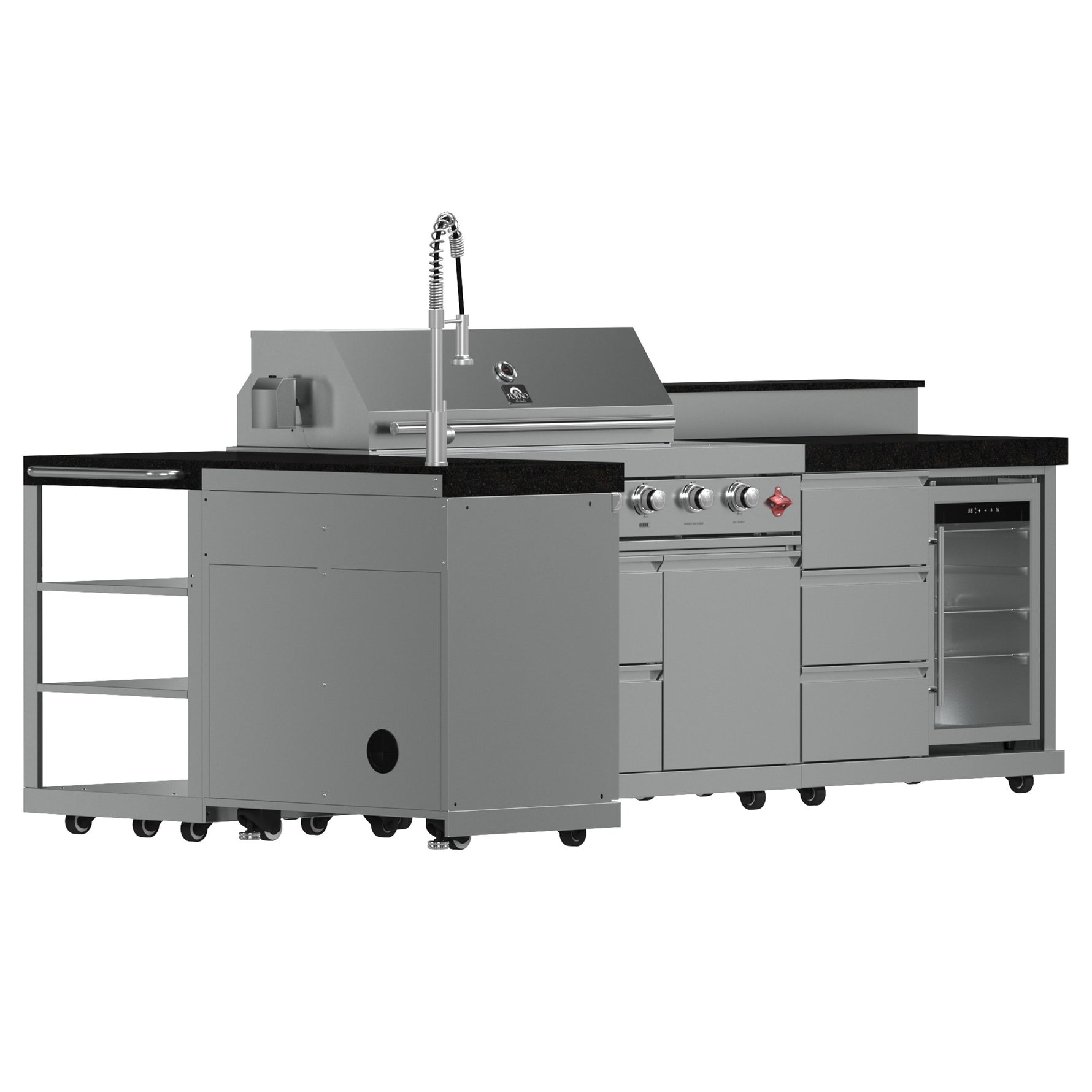 FORNO Bulnes 40-Inch BBQ, 95,000 BTU, 5 Burners, Sear & Rotisserie Infrared with Side Burner, Stainless Steel Outdoor Kitchen with 1.8 cu.ft. Beverage Center & Black Granite Countertops - BonPrix Électroménagers