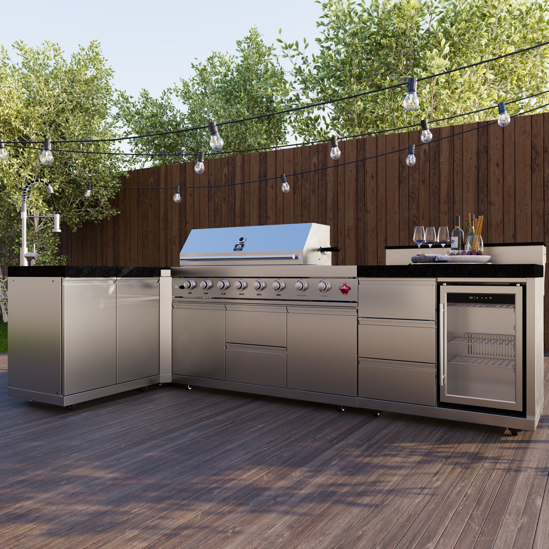 FORNO Bulnes 40-Inch BBQ, 95,000 BTU, 5 Burners, Sear & Rotisserie Infrared with Side Burner, Stainless Steel Outdoor Kitchen with 1.8 cu.ft. Beverage Center & Black Granite Countertops - BonPrix Électroménagers