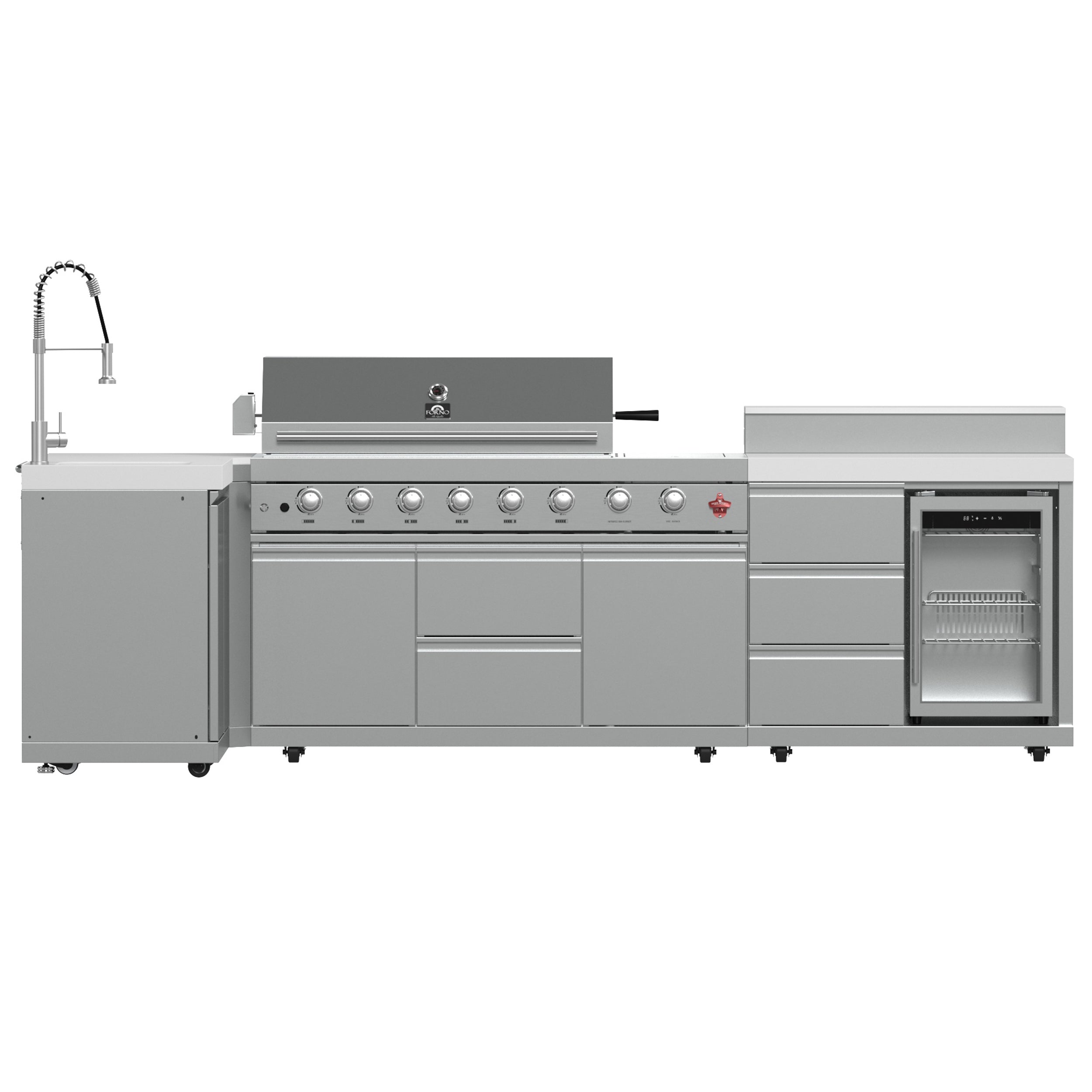FORNO Bulnes 40-Inch BBQ, 95,000 BTU, 5 Burners, Sear & Rotisserie Infrared with Side Burner, Stainless Steel Outdoor Kitchen with 1.8 cu.ft. Beverage Center & White Sintered Stone Countertops - BonPrix Électroménagers